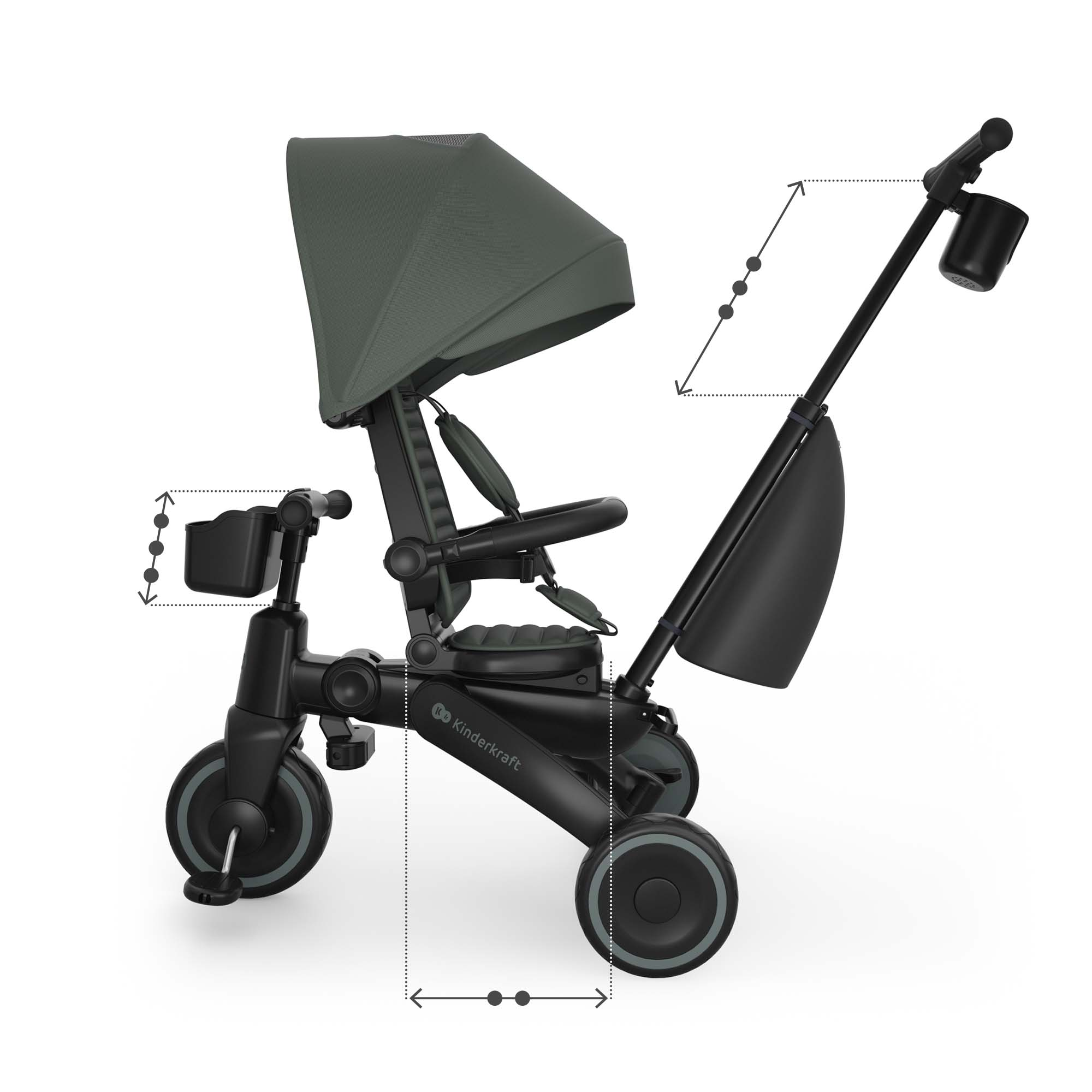 Grauer Kinderdreirad mit Verdeck, Sitz, Lenker und Becherhalter.