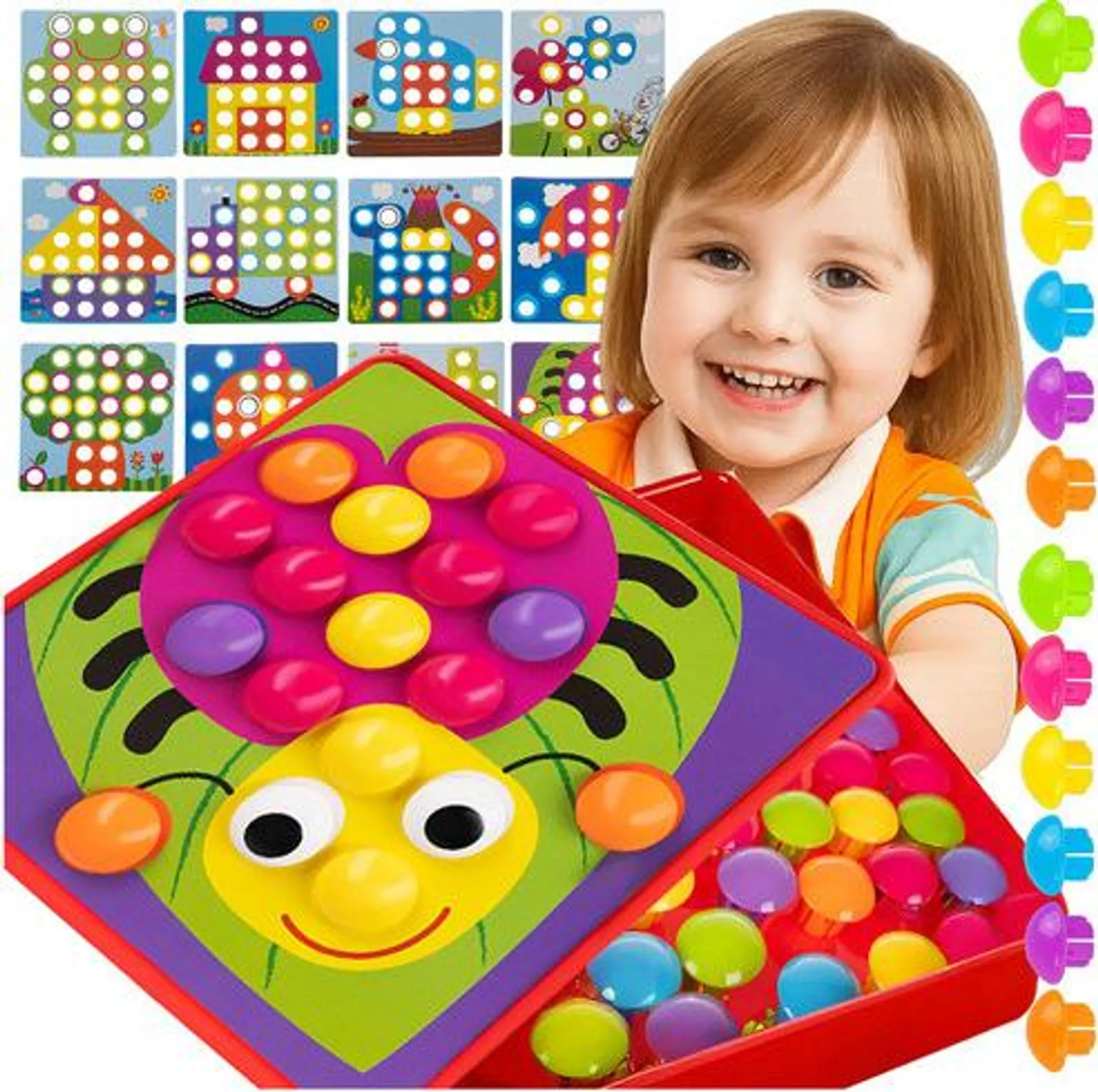 Ein lächelndes Kind spielt mit einem bunten Steckschaumspielzeug mit Marienkäfer-Design und verschiedenen Stiften.