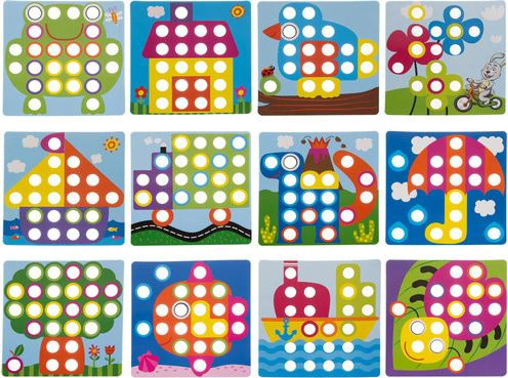 Bunte Aufkleber-Bilder von einem Frosch, Haus, Vogel, Blume, Baum, Auto, Vulkan, Schirm, Fisch, Schiff, Marienkäfer.
