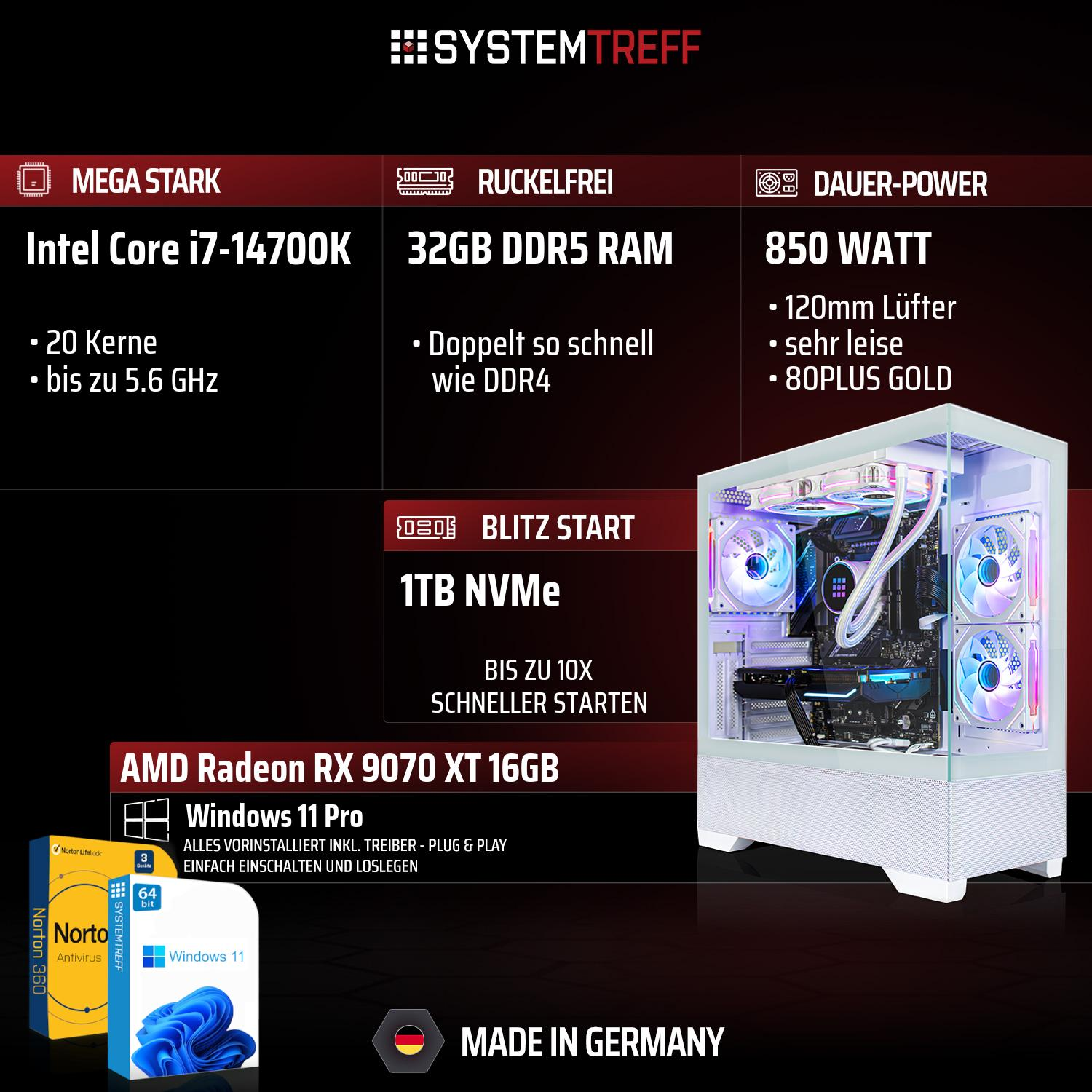 Gaming PC mit Intel i7, 32GB DDR5 RAM, 1TB NVMe, RX 9070 XT, Windows 11.