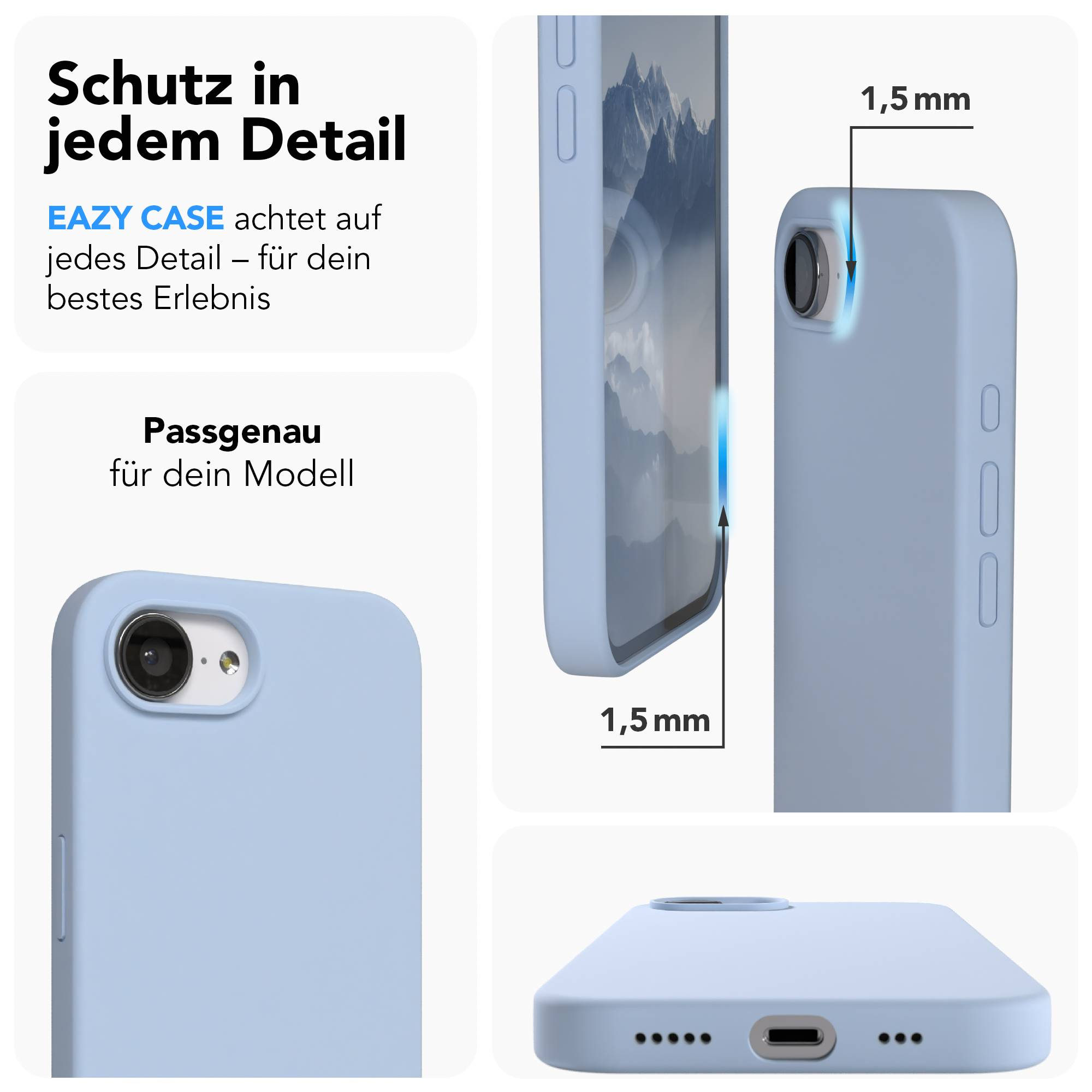 Eine hellblaue Handyhülle mit Kameraöffnung und Seitenansicht. Detailaufnahme von 1,5 mm.