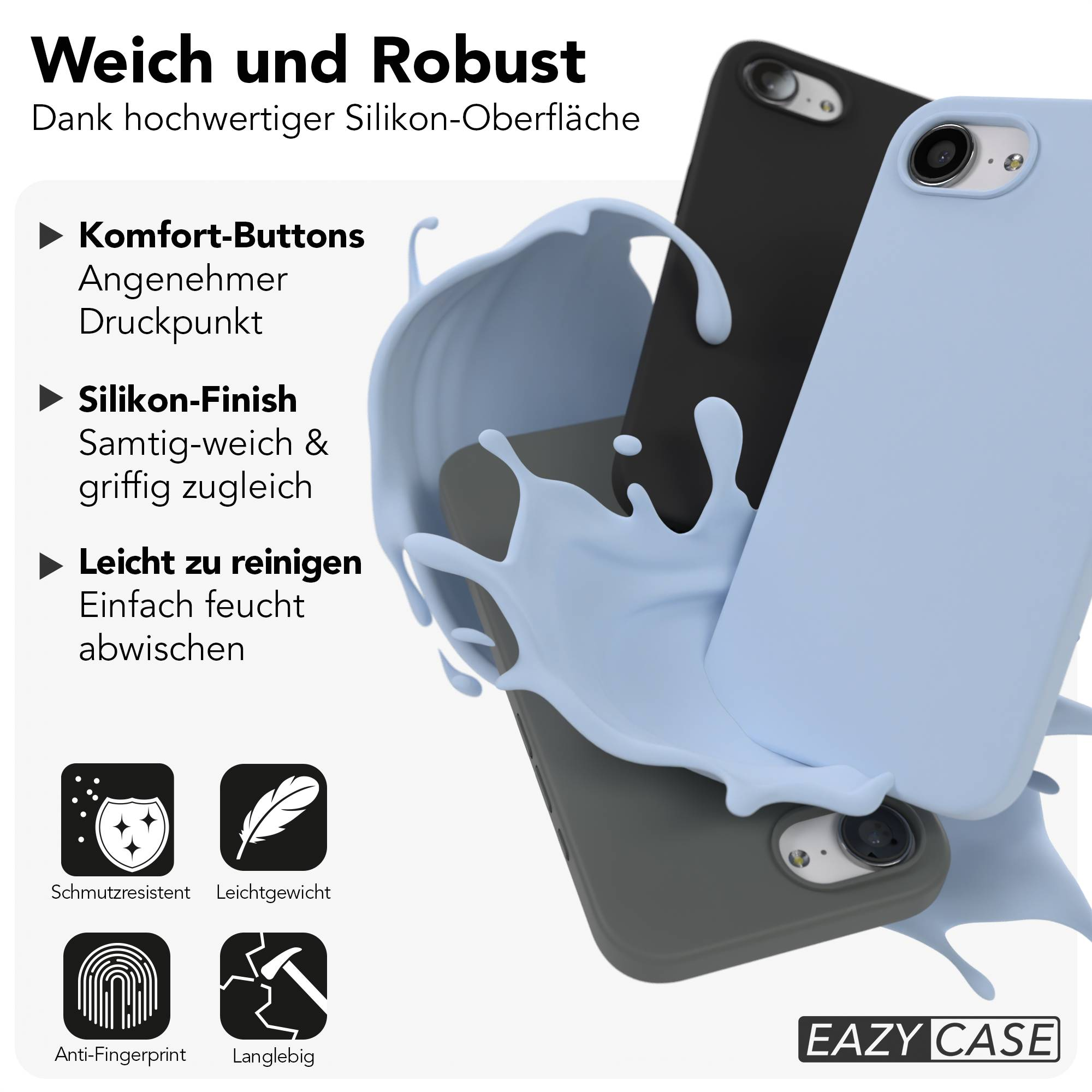 Zwei Silikonhüllen, eine hellblau, eine schwarz, mit spritzendem blauer Flüssigkeit.