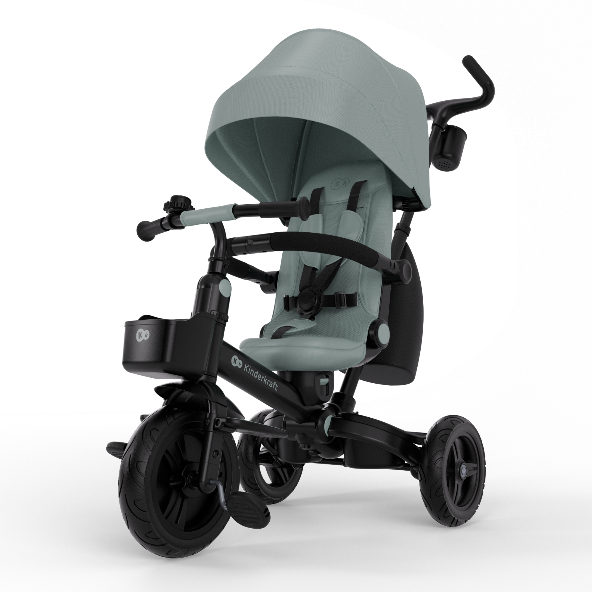 Ein grauer Kinderdreirad mit Haube, Sitz, Lenker und Körben.