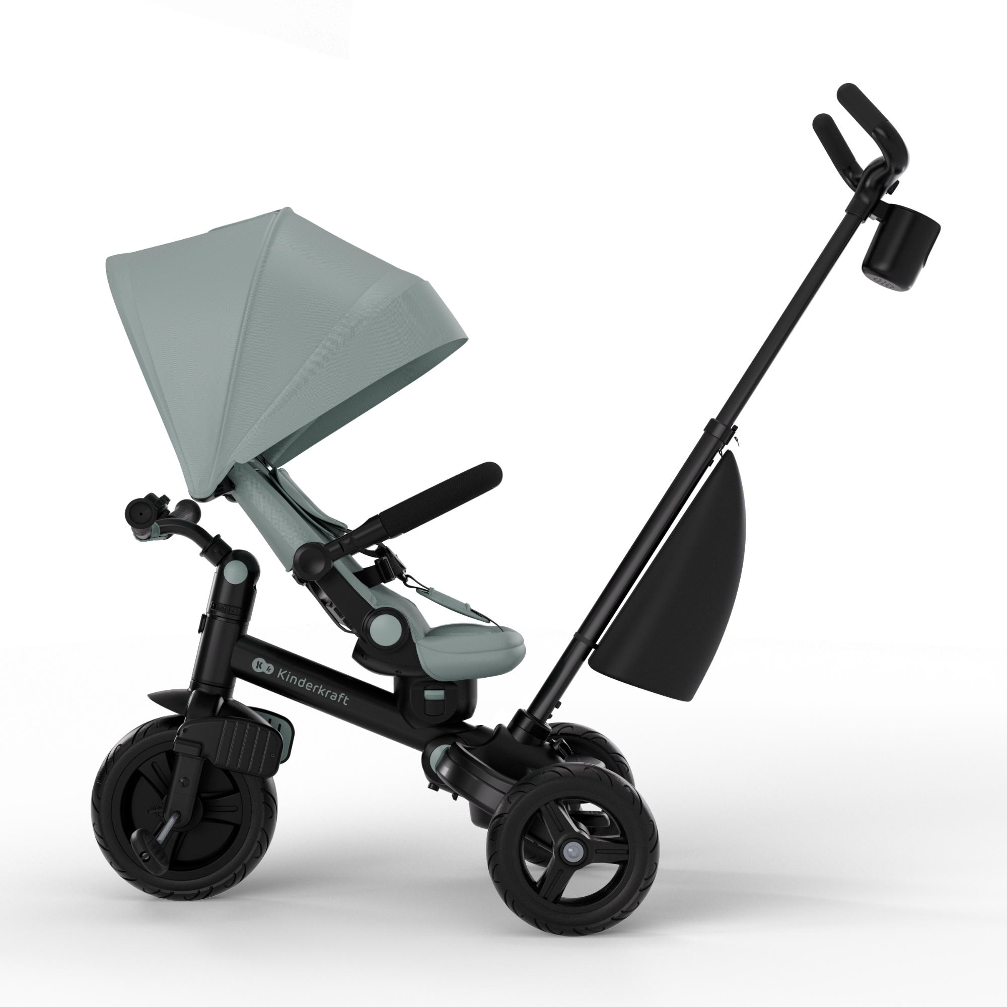 Ein grauer Kinderdreirad mit schwarzem Rahmen, Verdeck und Tasche.