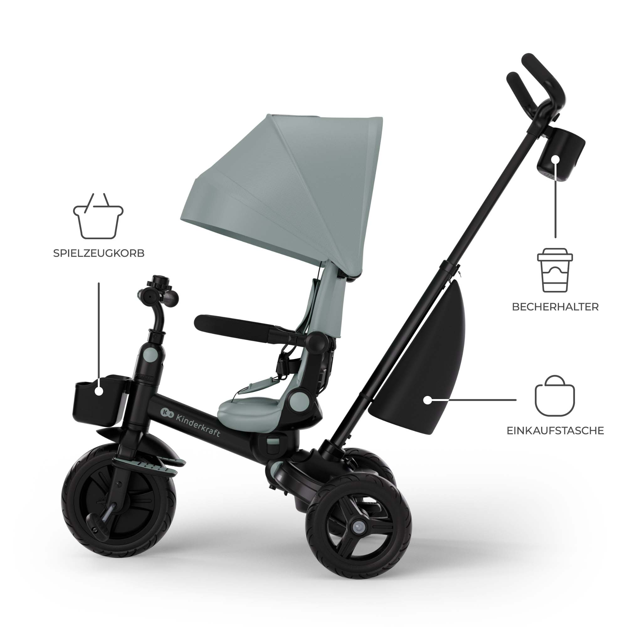 Ein schwarzer Dreirad-Kinderwagen mit grauem Verdeck und Sitz, mit Zubehör wie Spielzeugkorb und Becherhalter.
