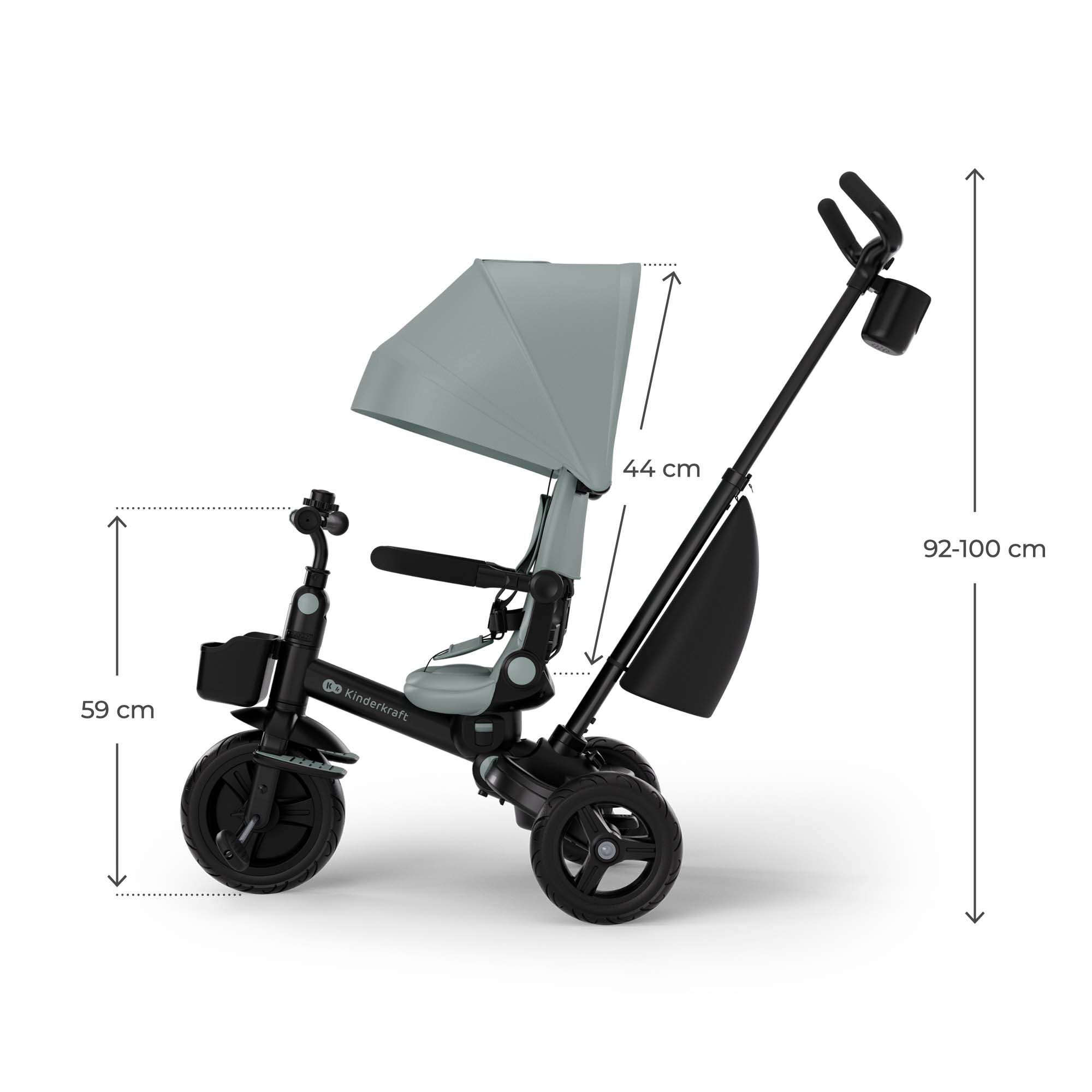 Ein graues Kinderdreirad mit Sonnendach, Sitz und Schubstange.