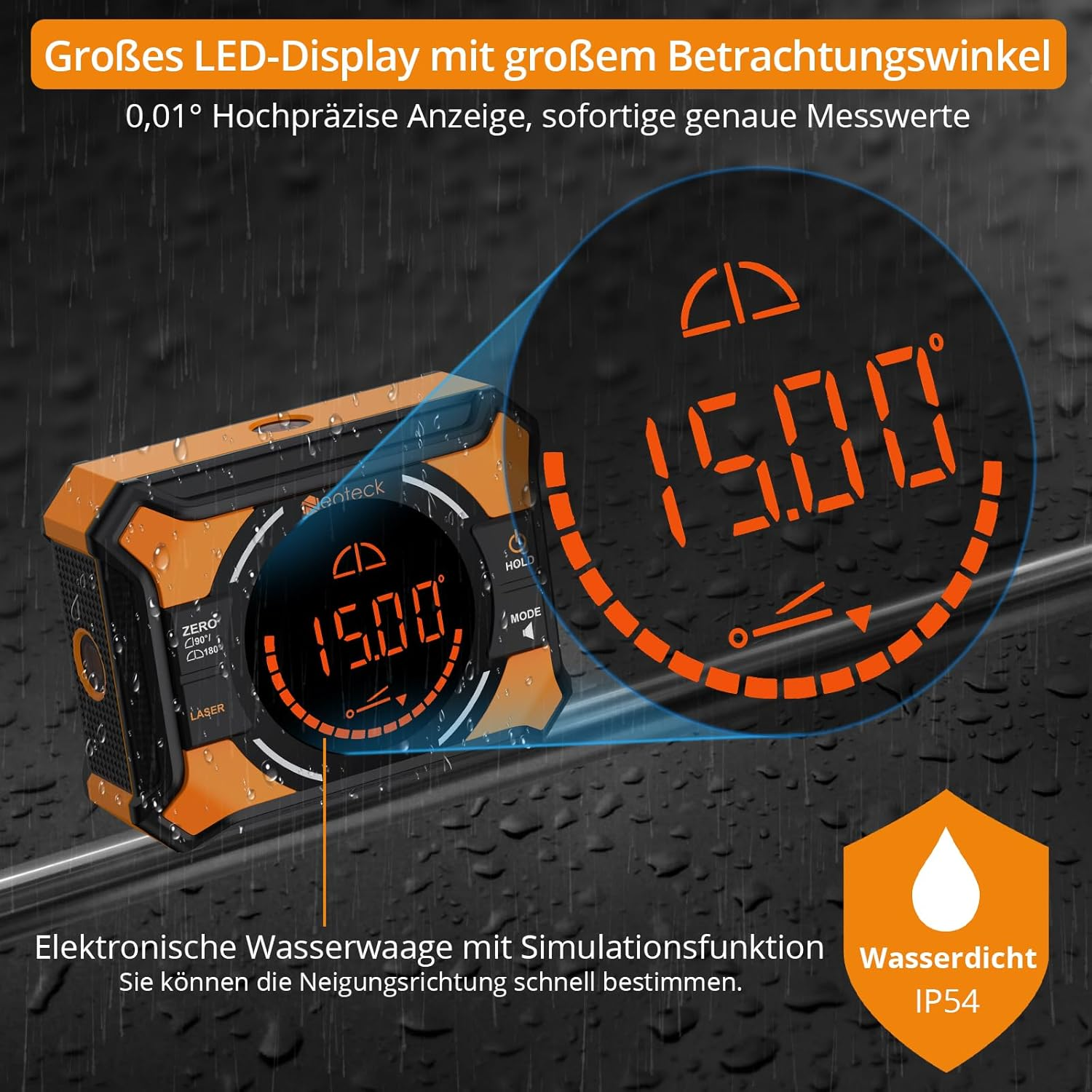 Orange digitale Wasserwaage mit großem LED-Display, zeigt 15.00° an. Wasserdicht IP54.