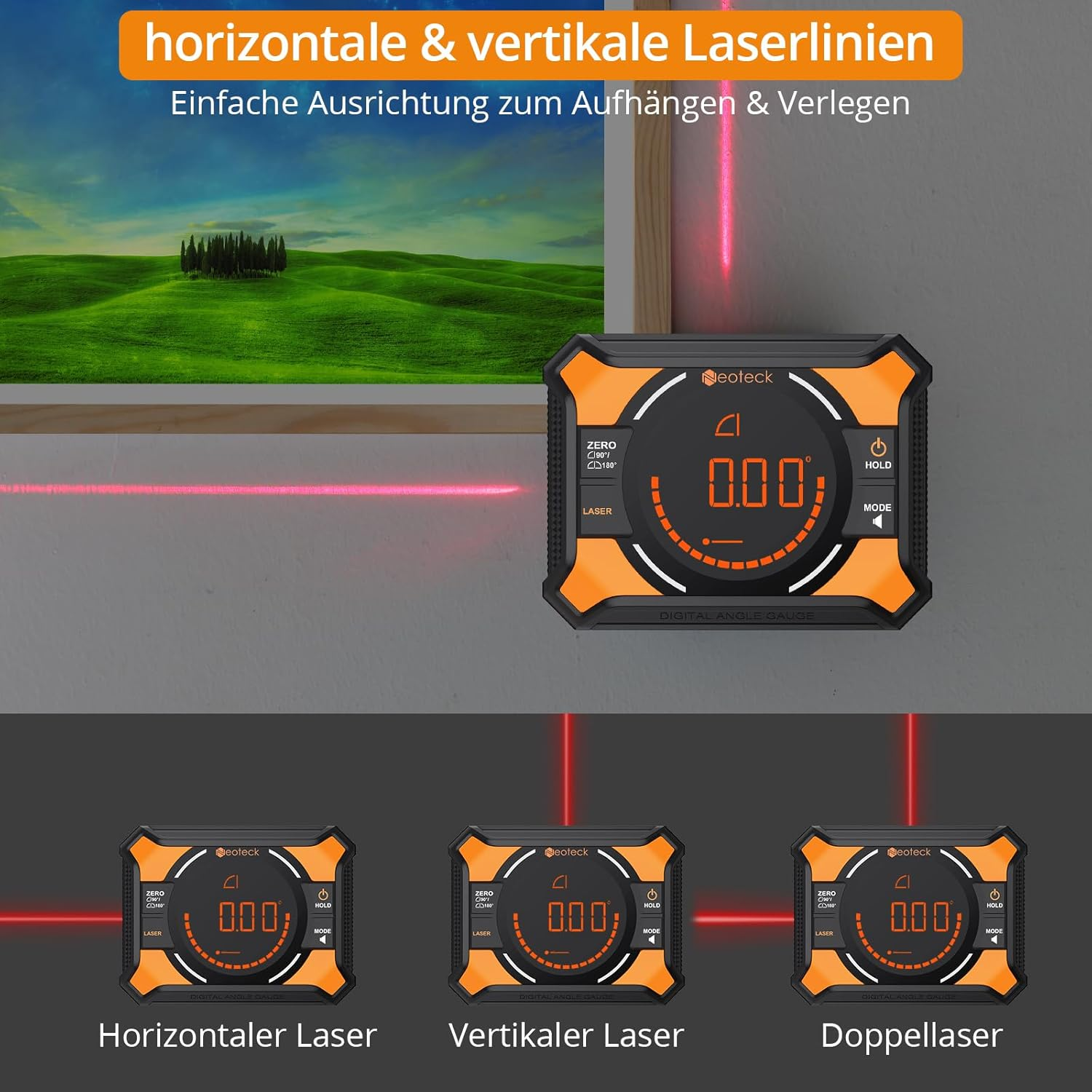 Ein orangefarbener Neoteck Laserwinkelmesser mit roter horizontaler und vertikaler Laserlinie.
