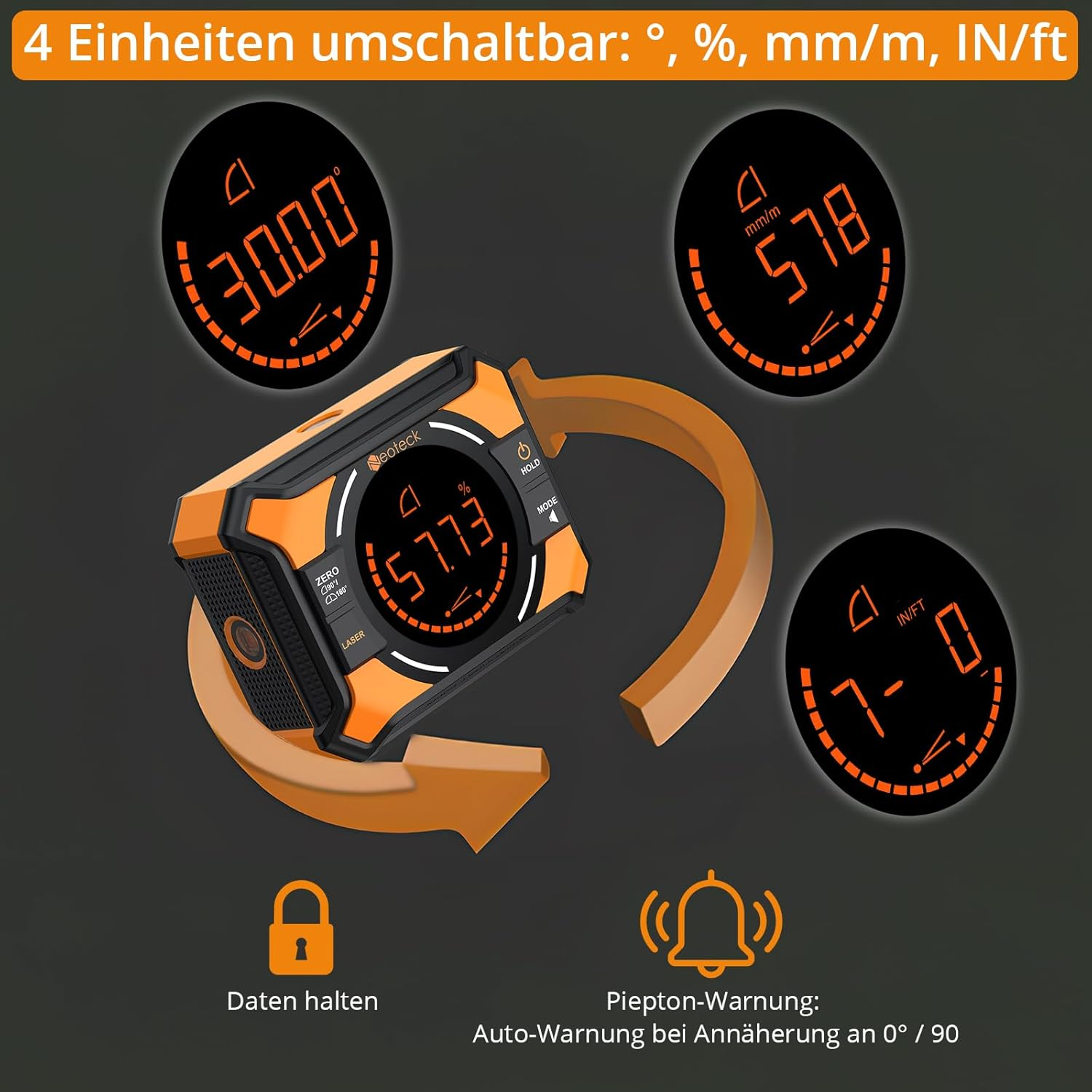 Ein orangefarbener Winkelmesser mit digitalen Anzeigen für Grad, Prozent, mm/m und Zoll/Fuß.
