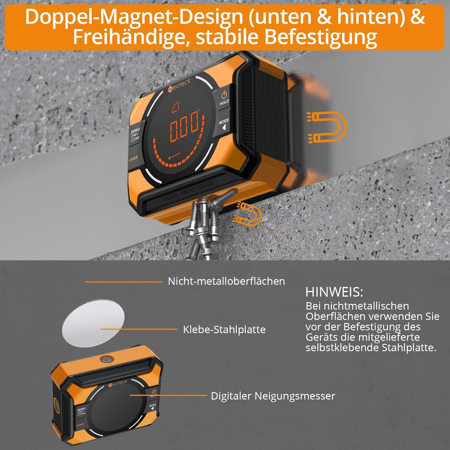 Ein digitaler Neigungsmesser mit orangefarbenem Gehäuse, der auf einer Metallplatte befestigt ist.