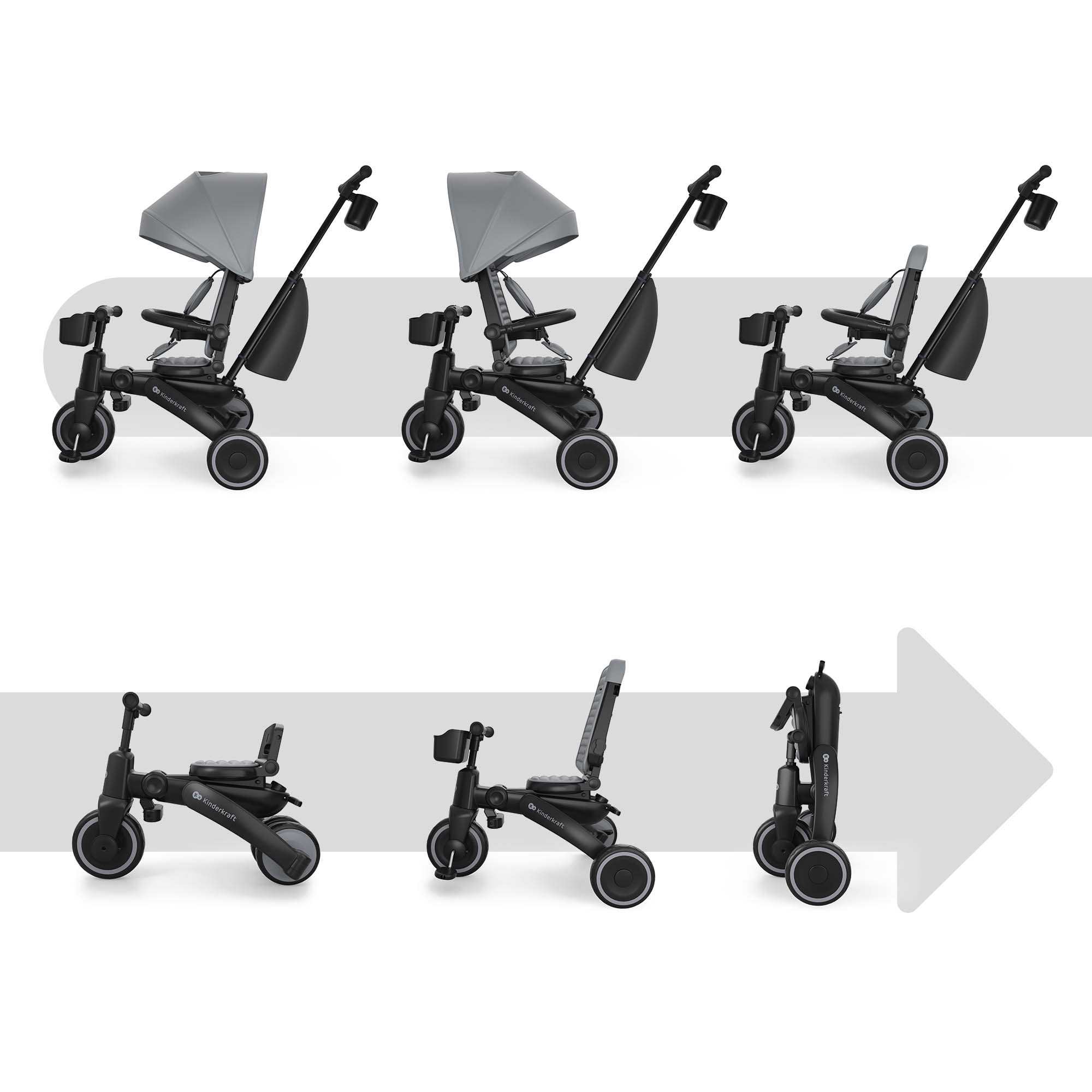 Ein grauer Dreirad-Kinderwagen mit Verdeck und Schubstange wird gezeigt.