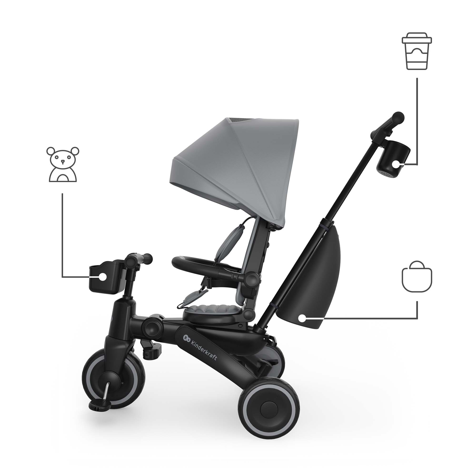 Ein graues Kinderrad mit Verdeck, Sitz, Griff und Behältern.