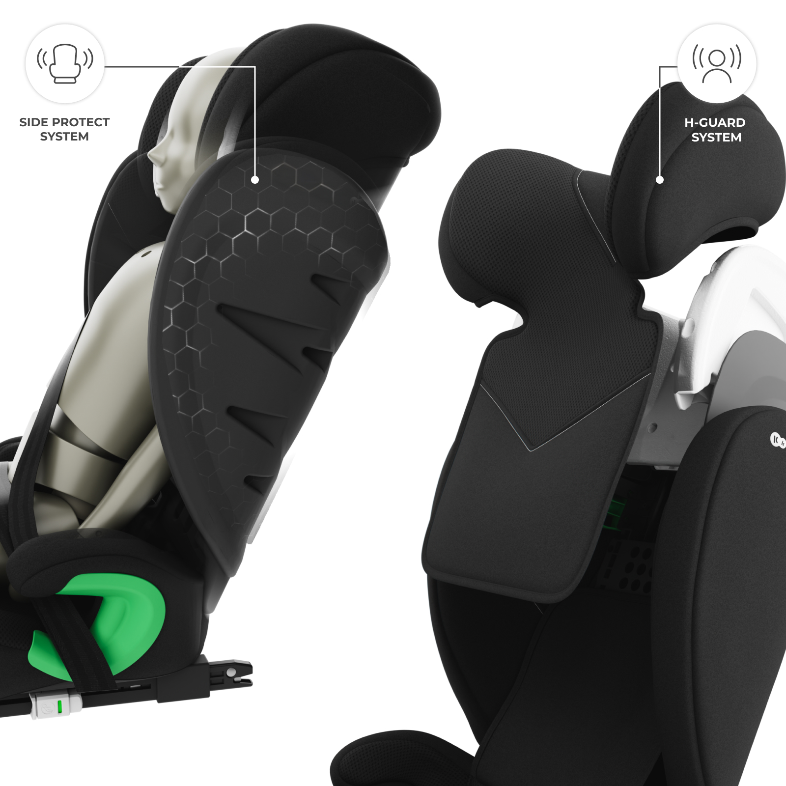 Kindersitz mit "Side Protect System" und "H-Guard System" auf weißem Hintergrund.