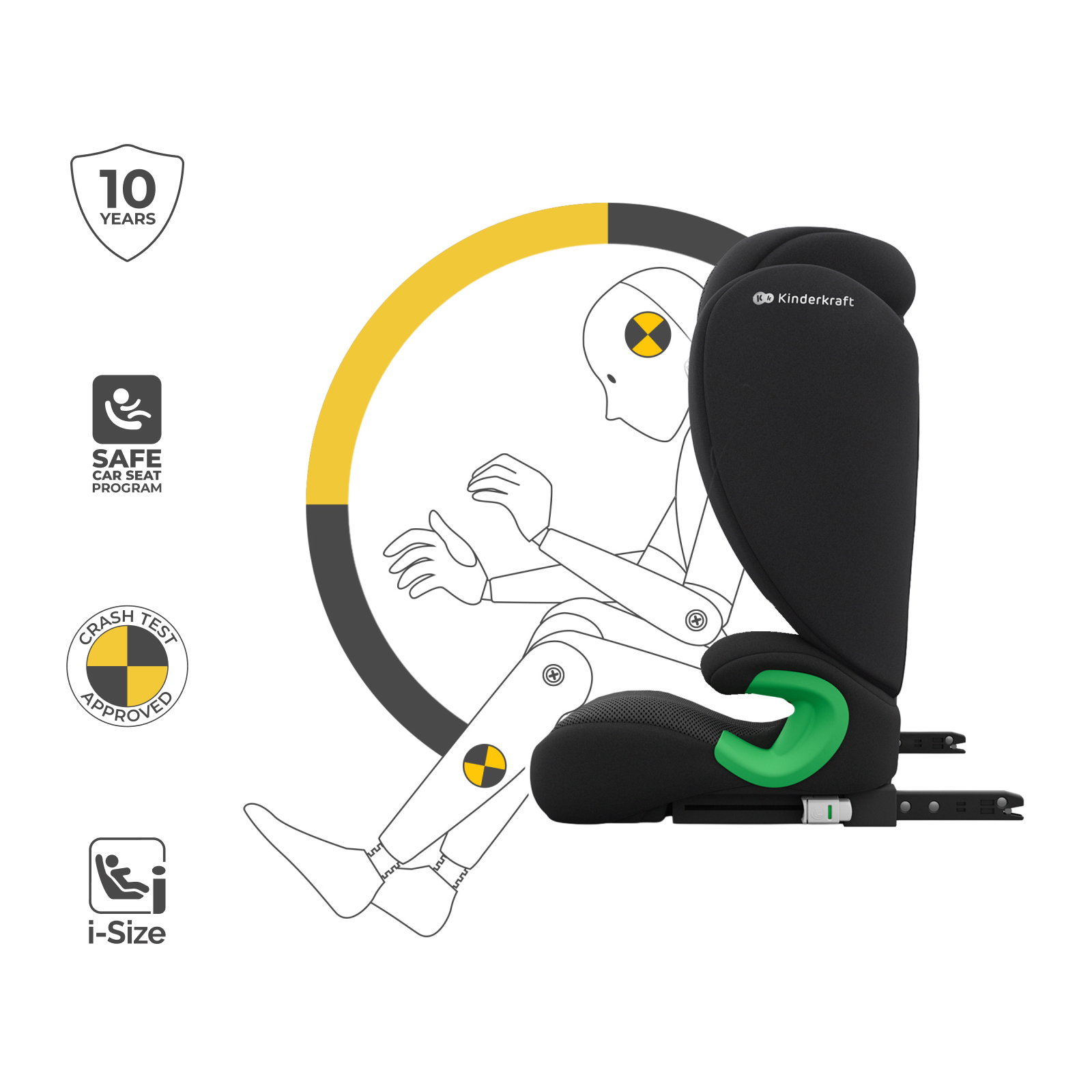 Schwarzer Kindersitz mit grünen Akzenten, daneben ein Crash-Test-Dummy.