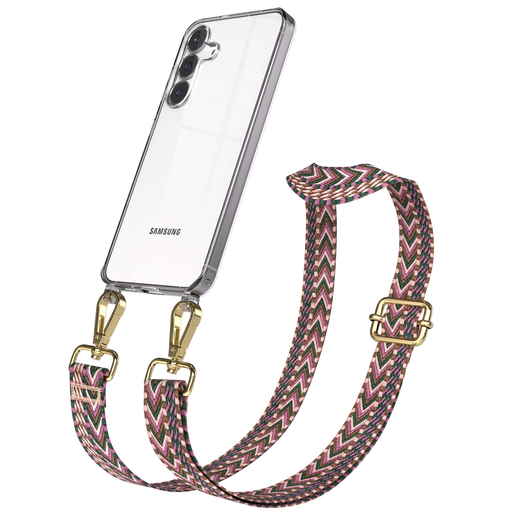 Ein Samsung-Smartphone in einer durchsichtigen Hülle mit einem bunten Band und goldenen Verschlüssen.