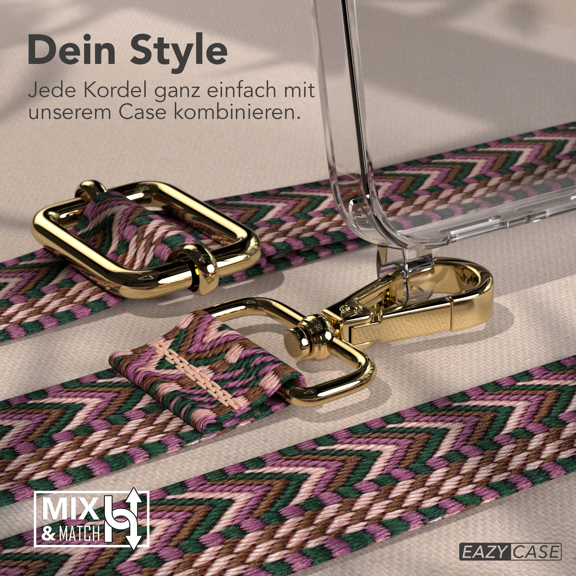 Ein Handy-Case mit einem gemusterten Band und goldenen Schnallen.