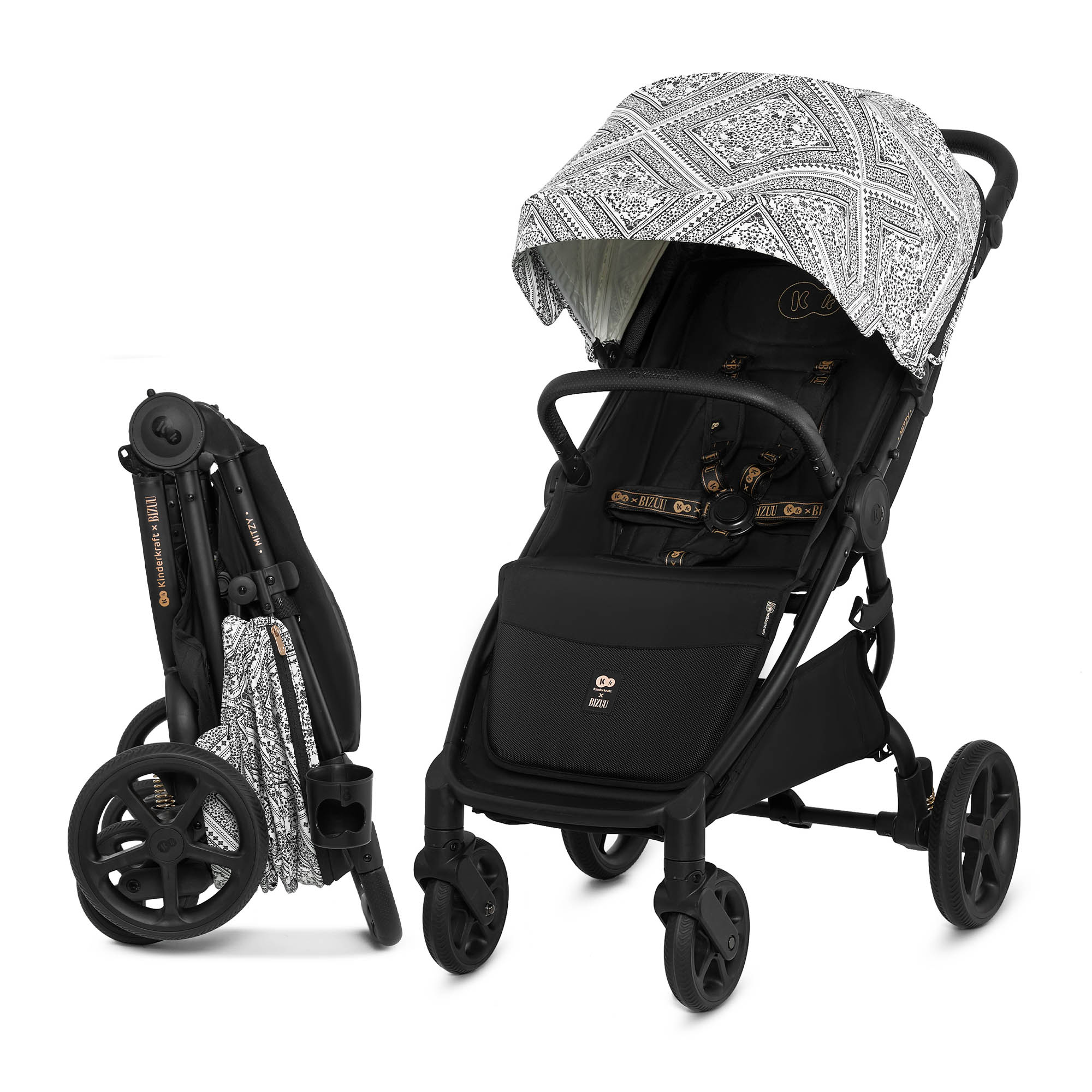 Ein schwarzer Kinderwagen mit weißem Muster auf dem Verdeck und zusammengeklappt daneben.