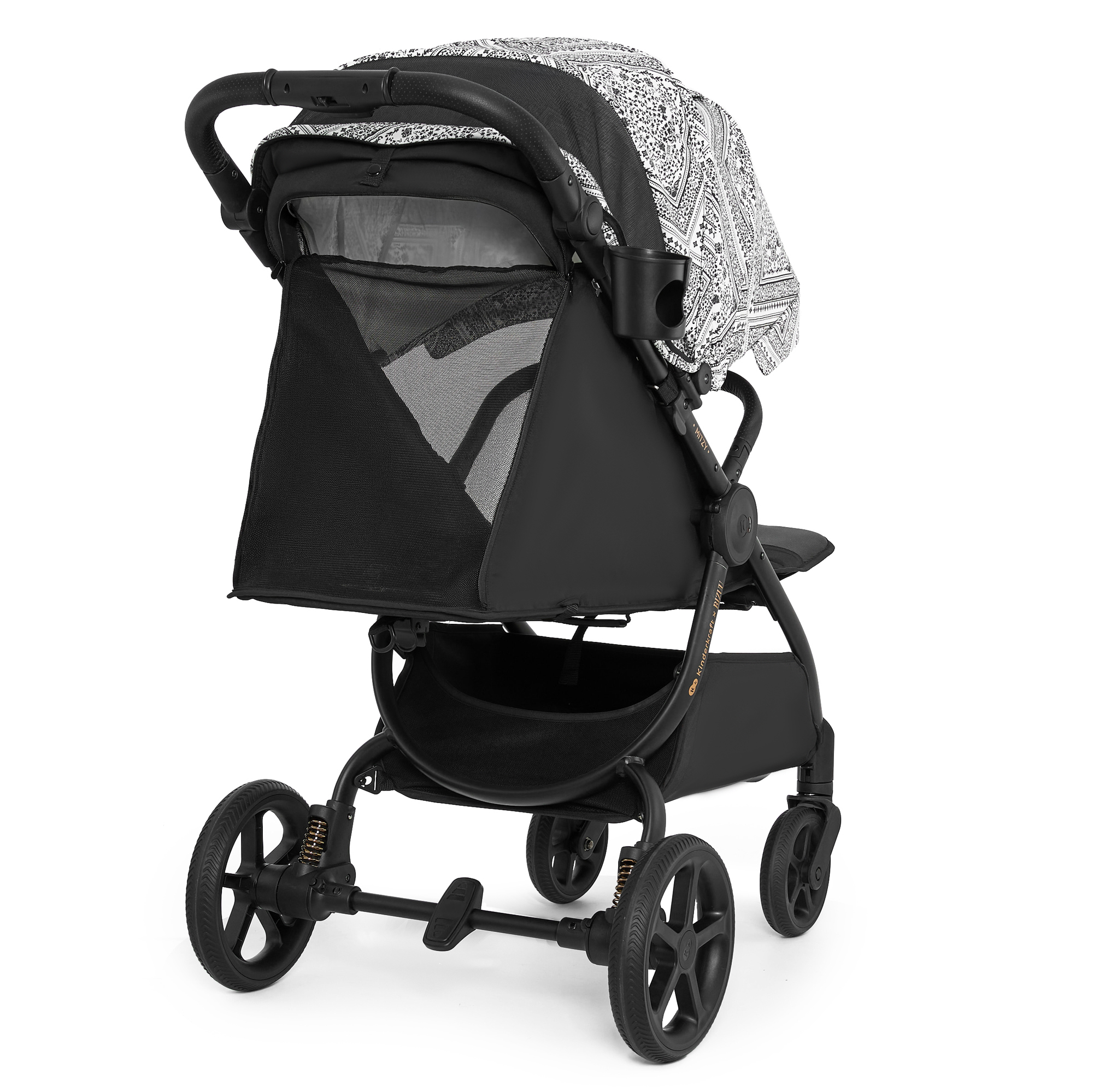 Ein schwarzer Kinderwagen mit einem Muster auf dem Verdeck und vier Rädern.