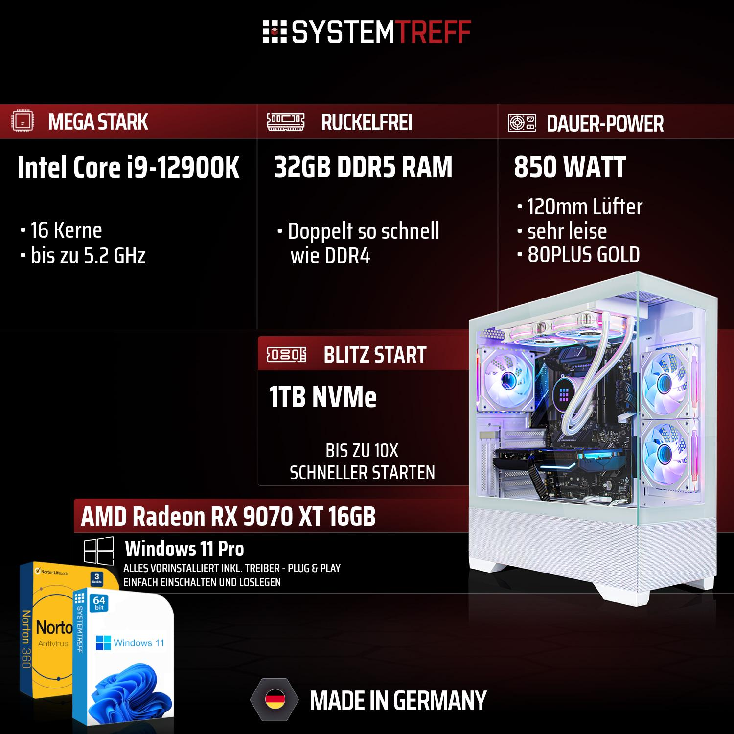 Gaming PC mit Intel i9, 32GB DDR5 RAM, 850W Netzteil, 1TB NVMe, RX 9070 XT.