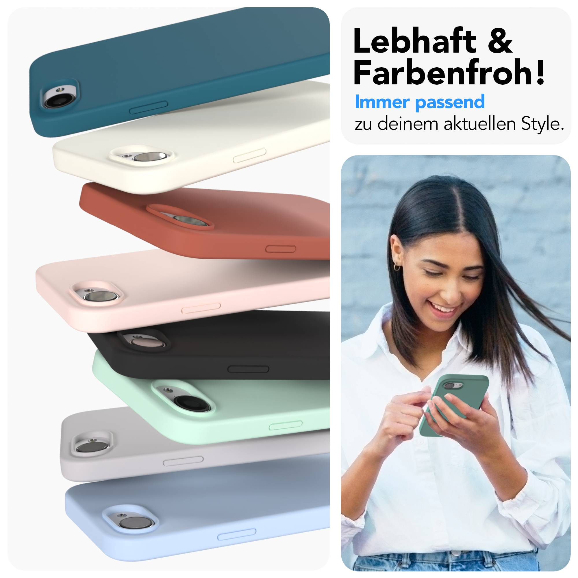 Gestapelte Handyhüllen in verschiedenen Farben, daneben eine Frau mit Handy.