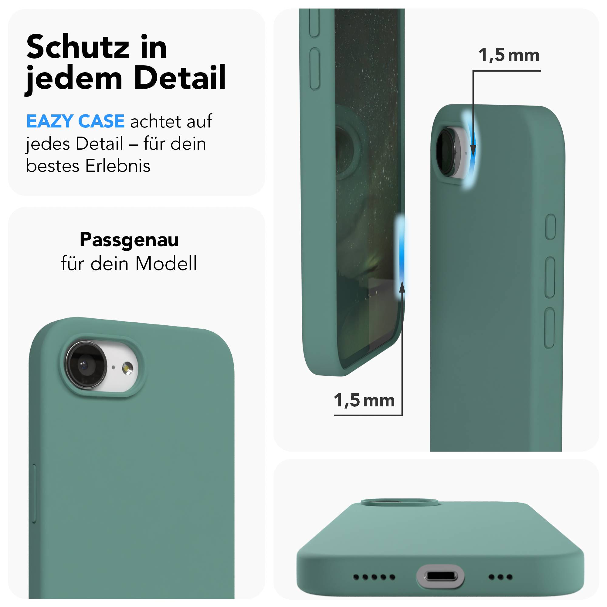 Grüne Handyhülle zeigt Kamera, 1,5mm Dicke und Anschlüsse.