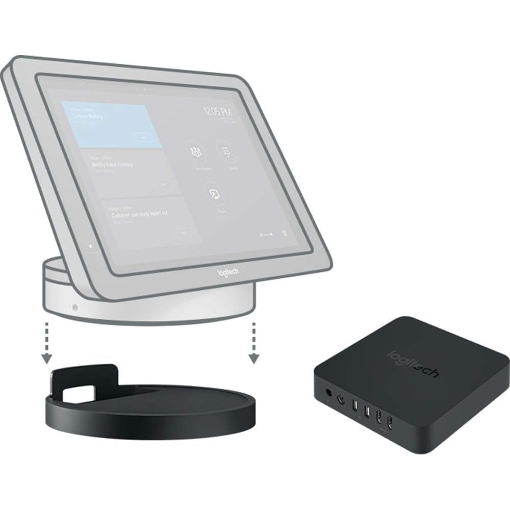 Ein Logitech Touchscreen-Display mit Zubehörteilen: eine Halterung und eine schwarze Box.