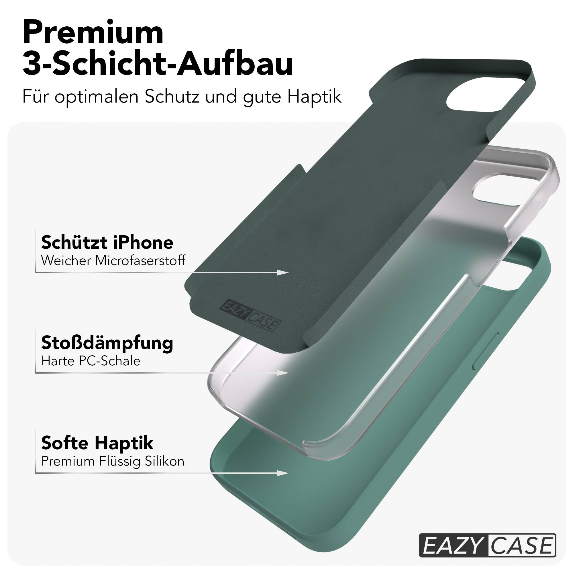 3-Schicht-iPhone-Hülle mit weichem Innenfutter, stoßdämpfender Schale und Silikonaußenmaterial.