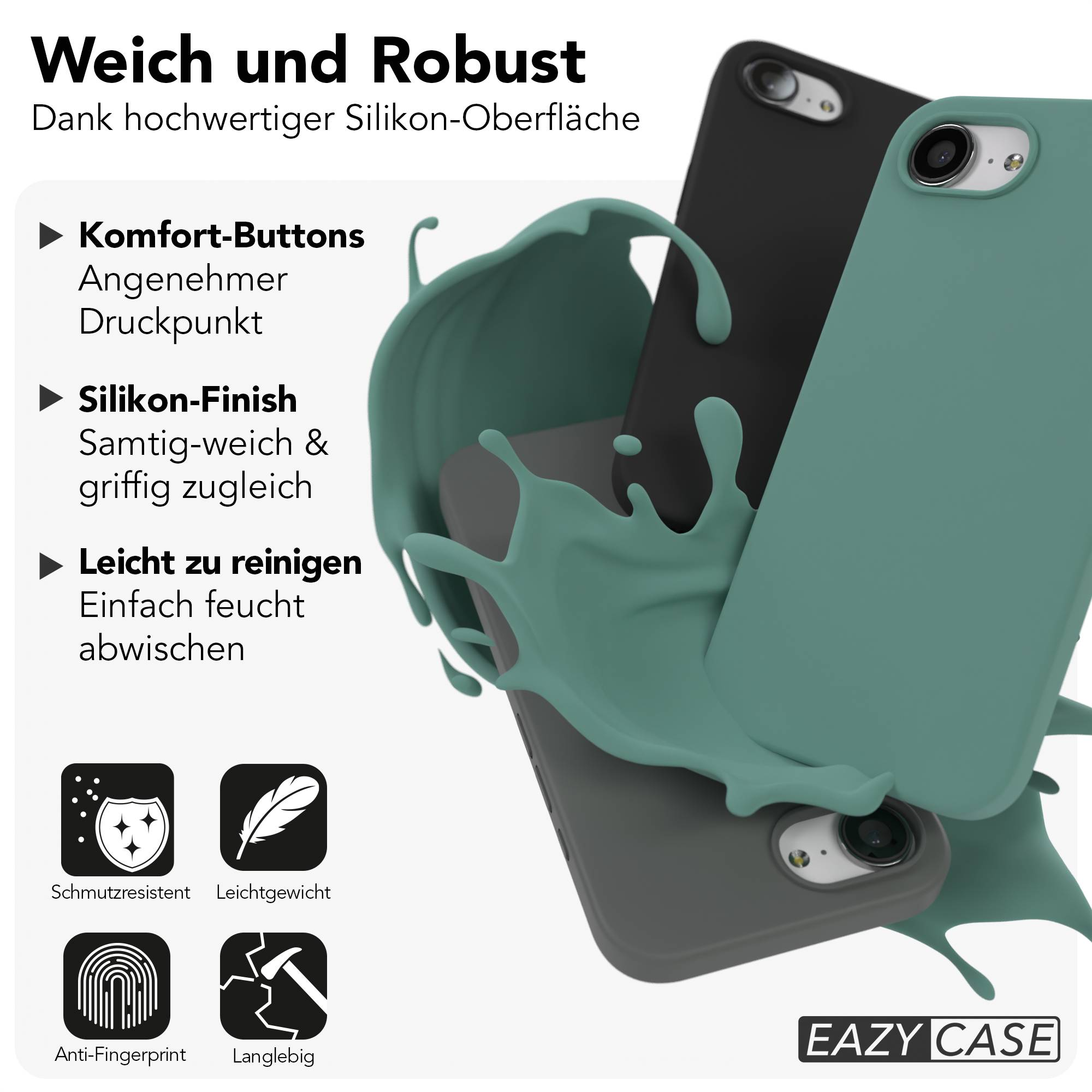Drei Handyhüllen in Grün und Schwarz, mit Silikon überzogen.