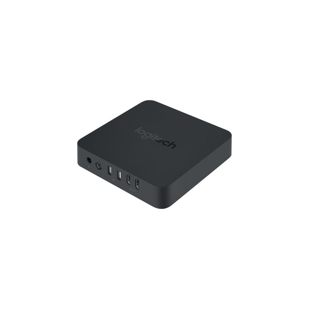 Ein schwarzes Logitech-Gerät mit mehreren Anschlüssen auf der linken Seite.