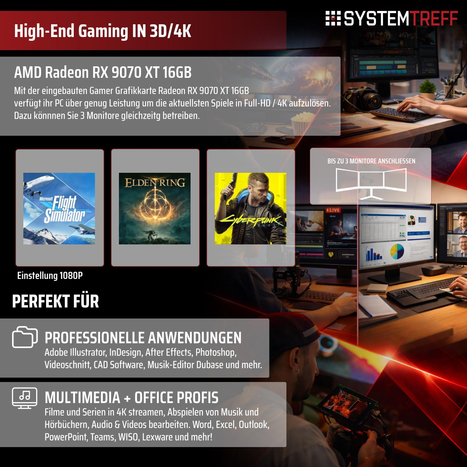 Gaming PC mit RX 9070 XT, 3 Monitore, Spiele, Profi-Apps, Multimedia.
