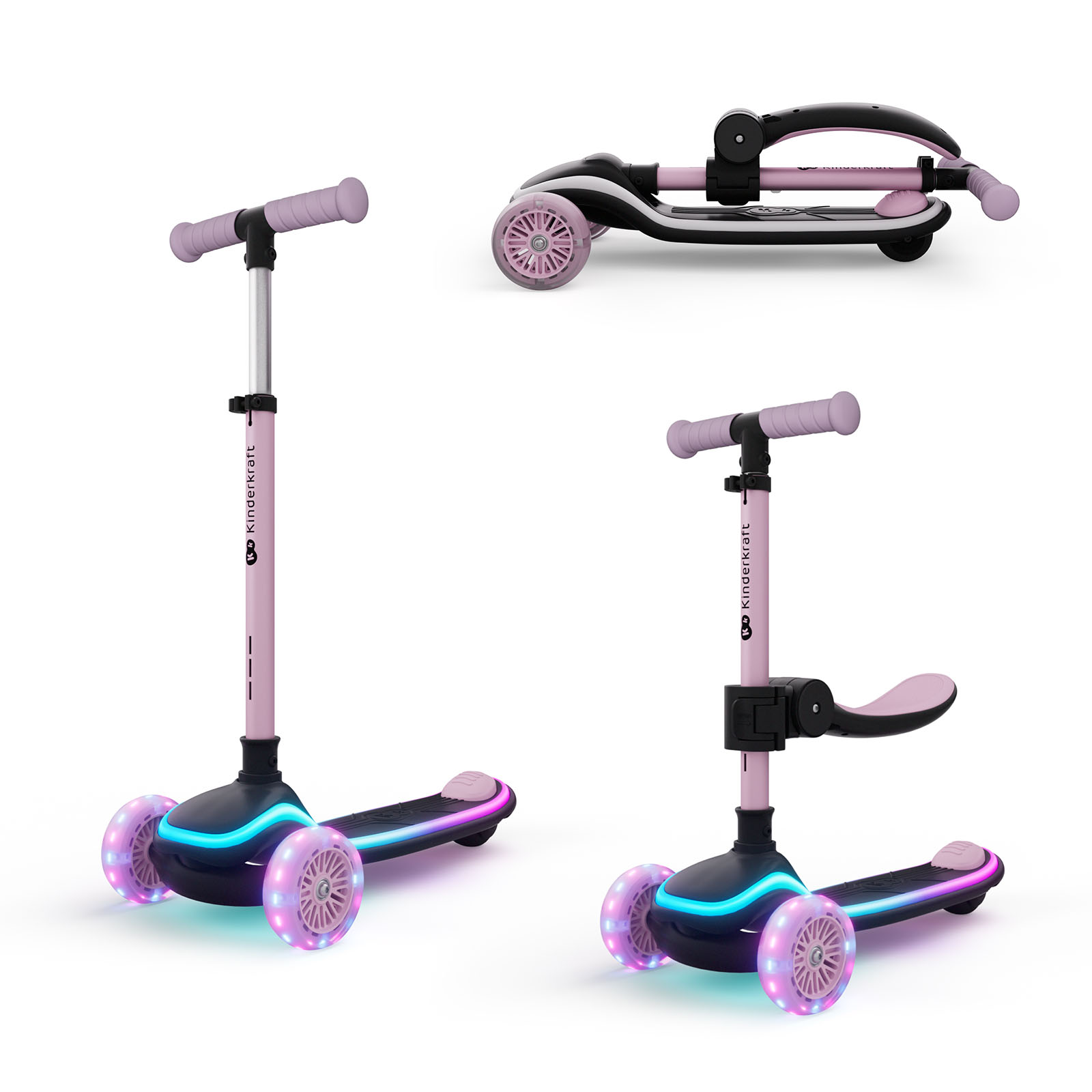 Ein rosa Roller mit leuchtenden Rädern und Sitz.