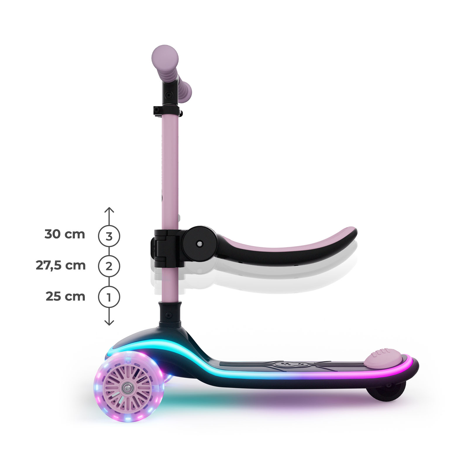 Ein pinker Roller mit Lichtern an den Rädern und am Brett. Mit Sitz und Größenangaben.