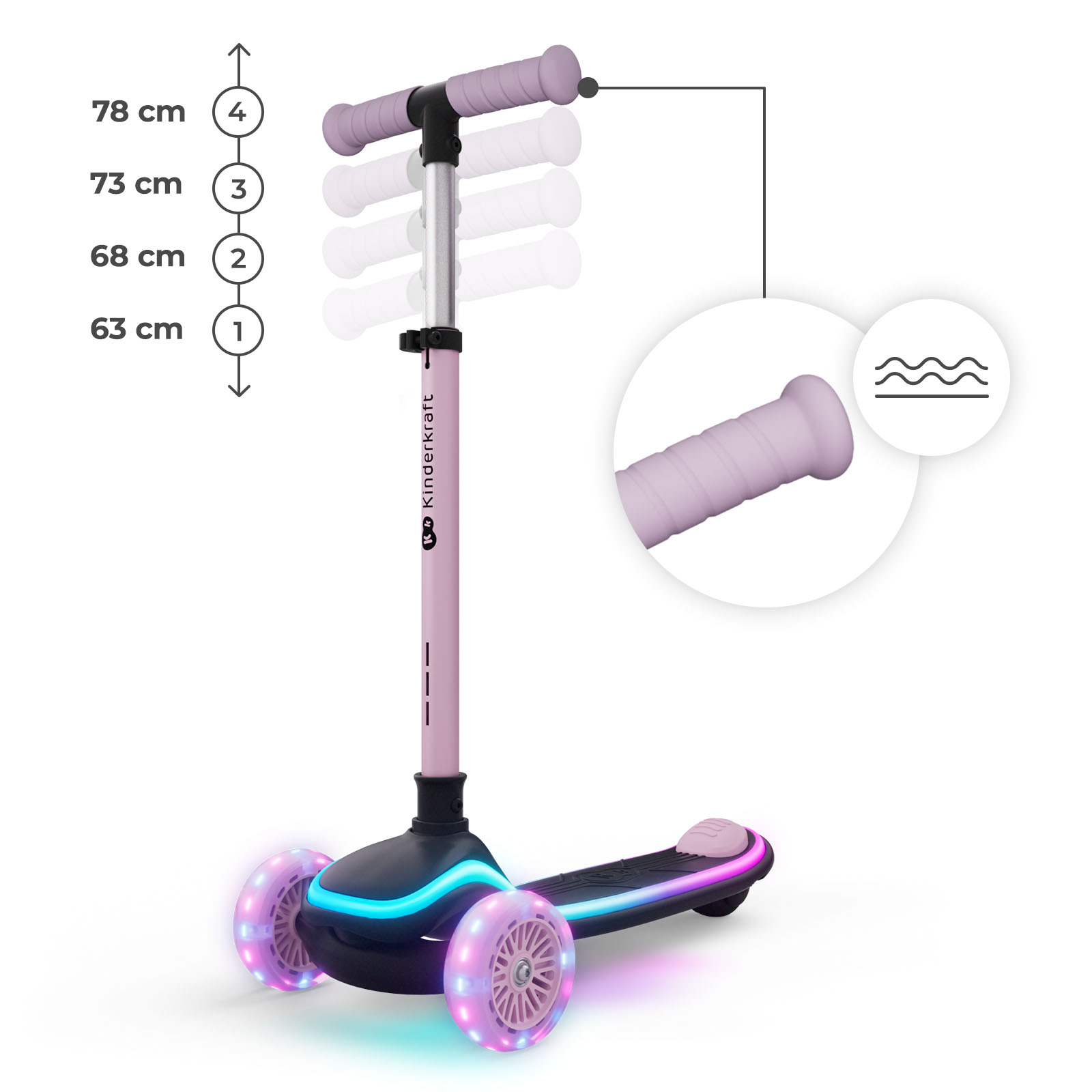 Pinker Roller mit verstellbarem Lenker, leuchtenden Rädern und blauer/pinker LED-Zierleiste.