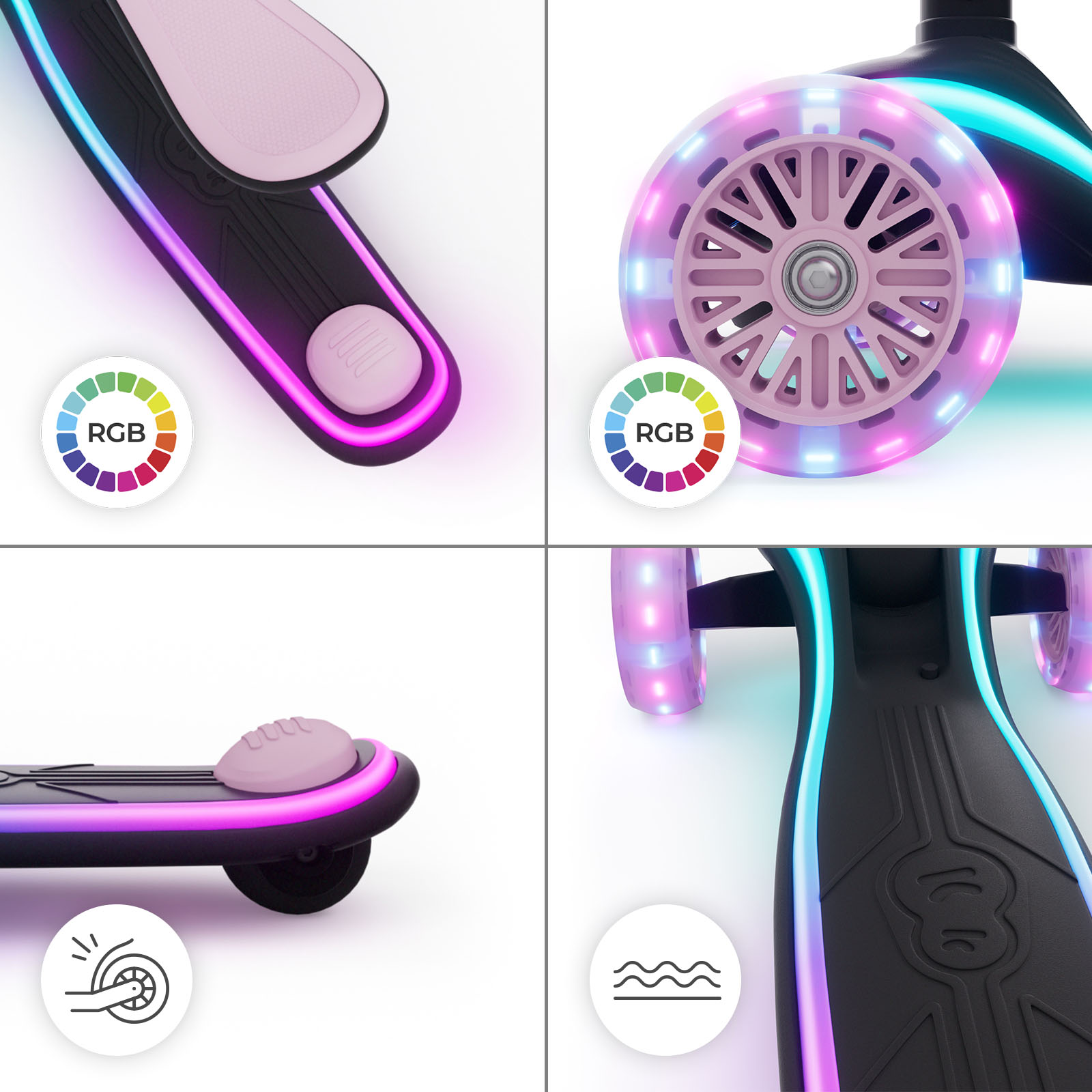 Ein pinker Roller mit leuchtenden RGB-Rädern und Lichtern.