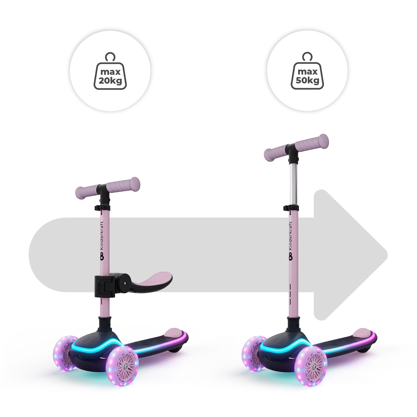 Zwei pinke Roller. Links einer mit Sitz (max. 20kg), rechts ohne (max. 50kg).