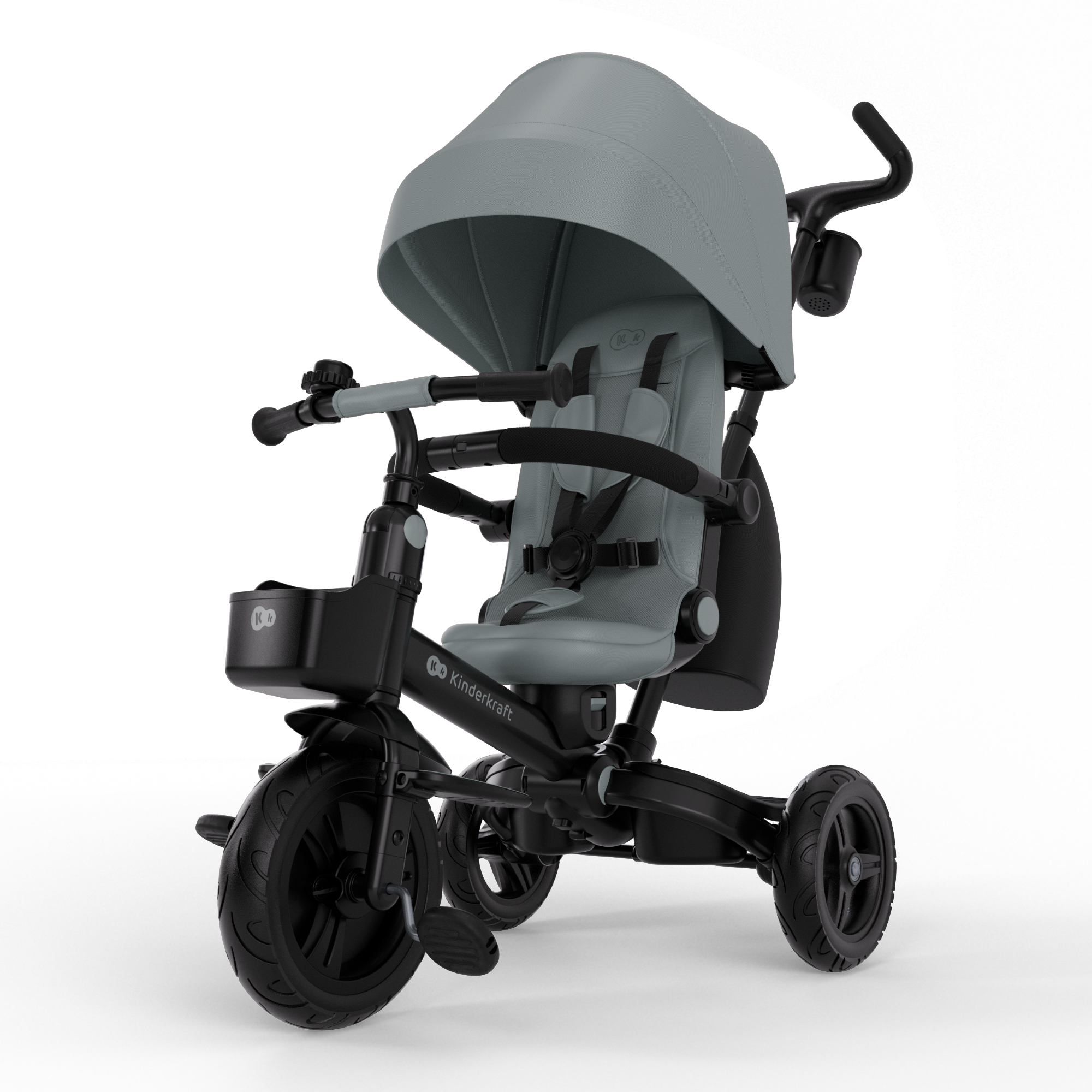 Ein graues und schwarzes Kinderkraft-Dreirad mit Verdeck, Sitz, Korb und Pedalen.