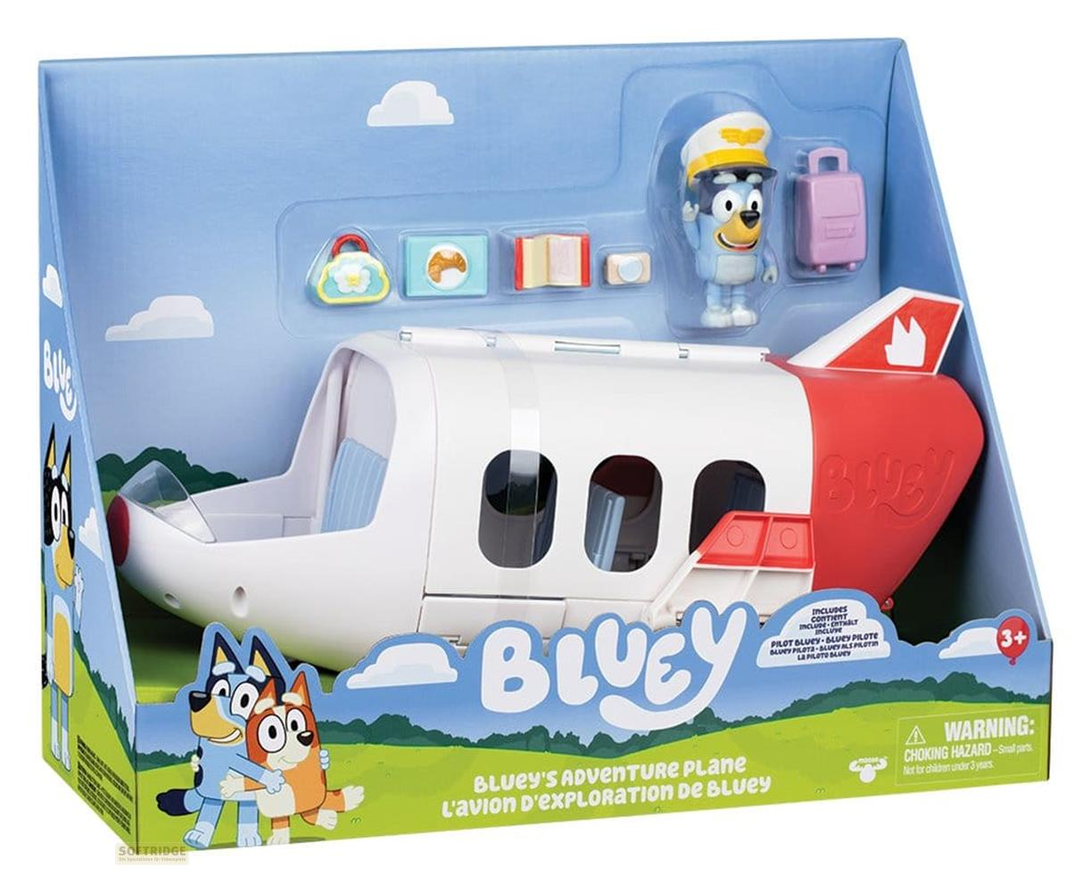 Blueys Spielzeugflugzeug mit Figur und Zubehör in einer Box.