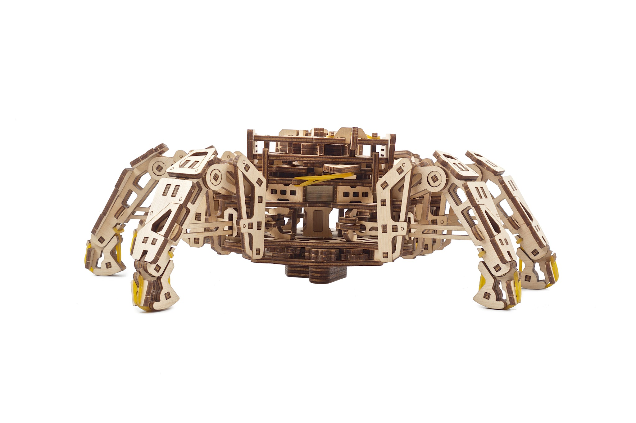 Ein Holz-Mechanik-Bausatz einer Spinne mit acht Beinen und gelben Akzenten.