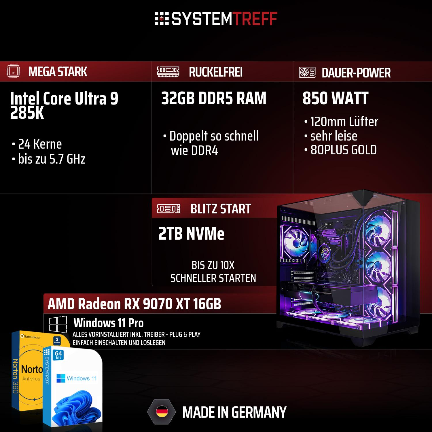Ein PC mit Intel Core Ultra 9, 32GB DDR5 RAM, 2TB NVMe, RX 9070 XT, Windows 11 Pro.