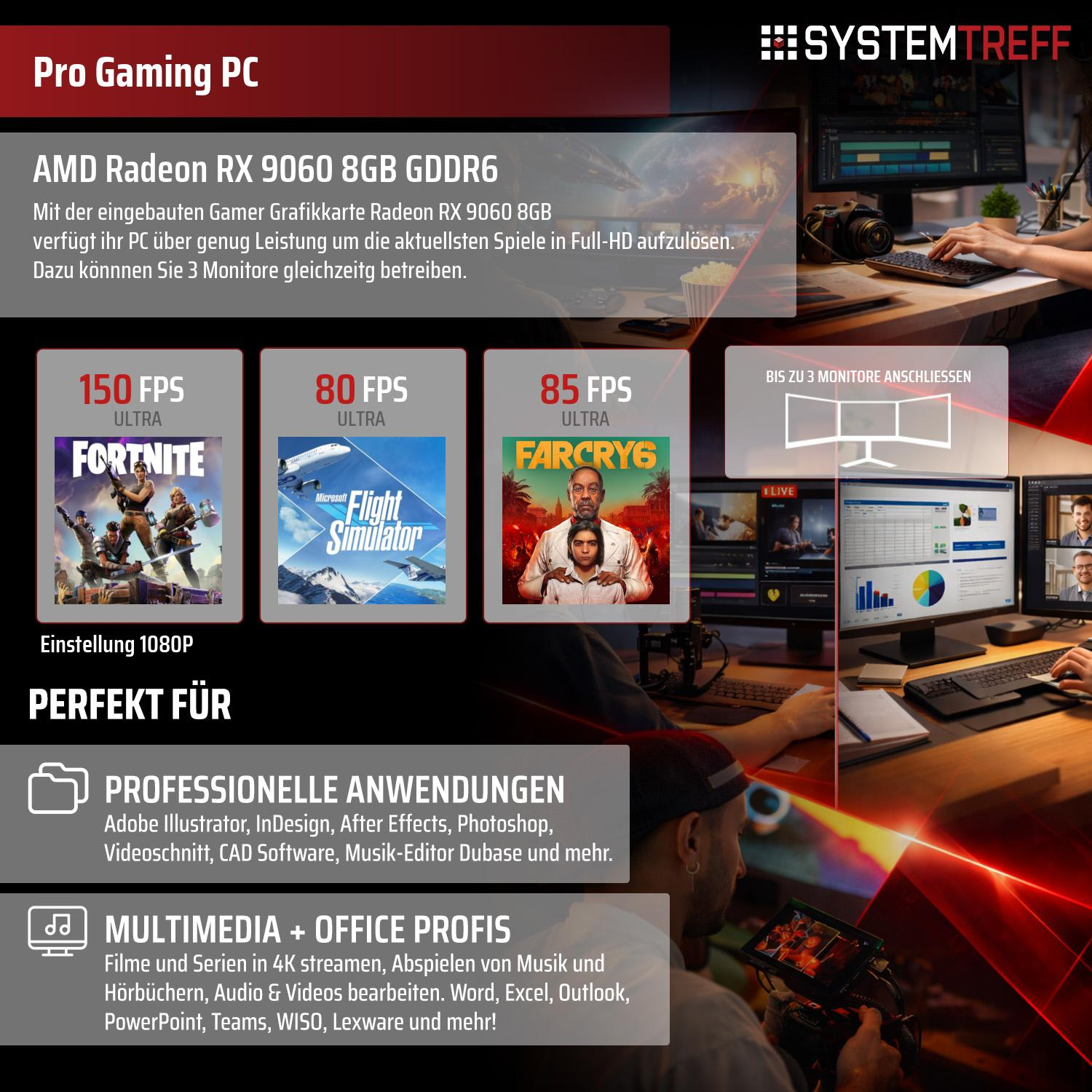 Pro Gaming PC mit AMD Radeon RX 9060 8GB GDDR6 Grafikkarte. Unterstützt 3 Monitore.