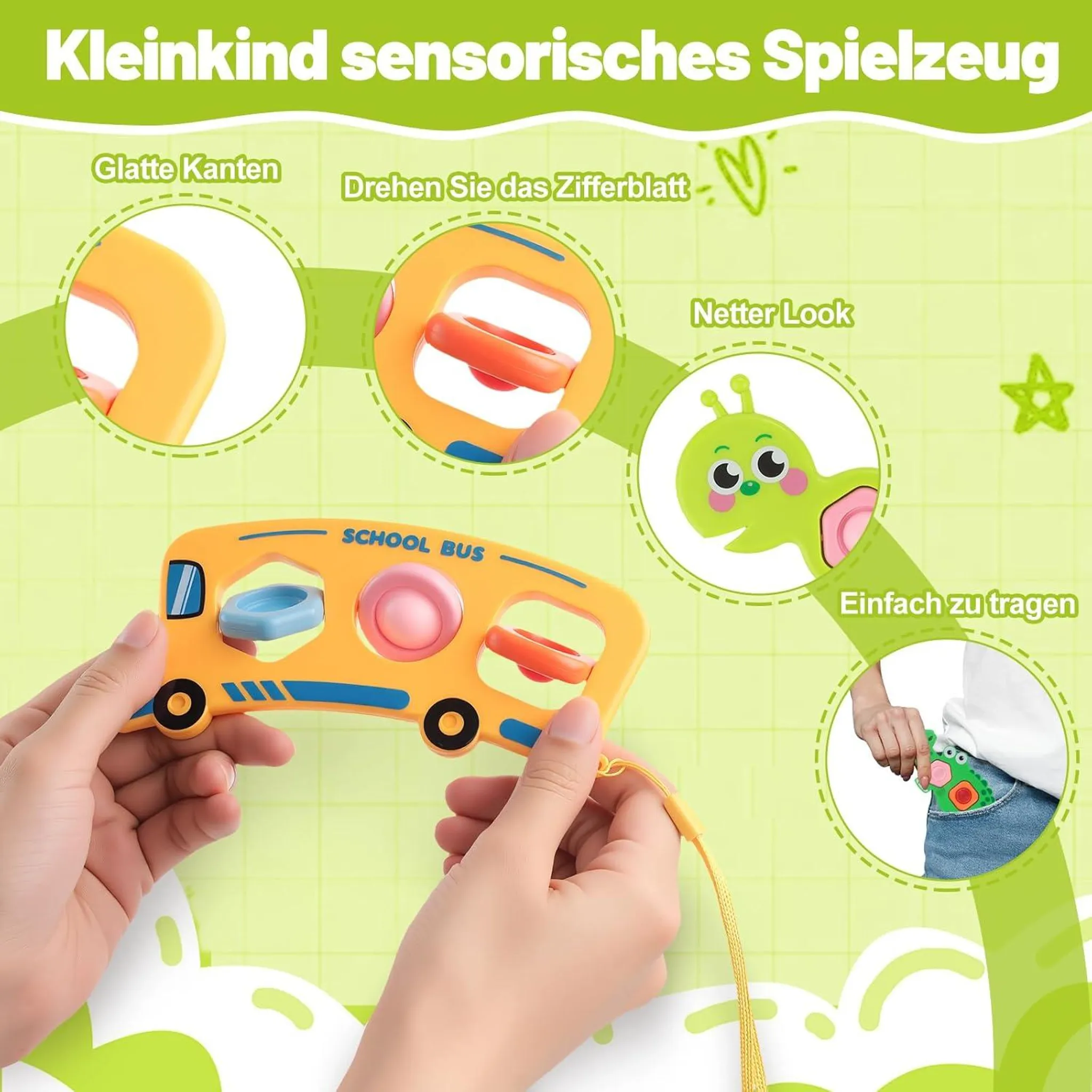 Ein gelber Schulbus mit bunten Formen und eine grüne Raupe als sensorisches Spielzeug.