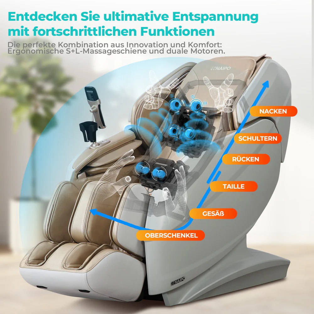 Ein beiger Massagesessel mit sichtbaren inneren Mechanismen, der Nacken, Schulter, Rücken, Taille, Gesäß, Oberschenkel hervorhebt.