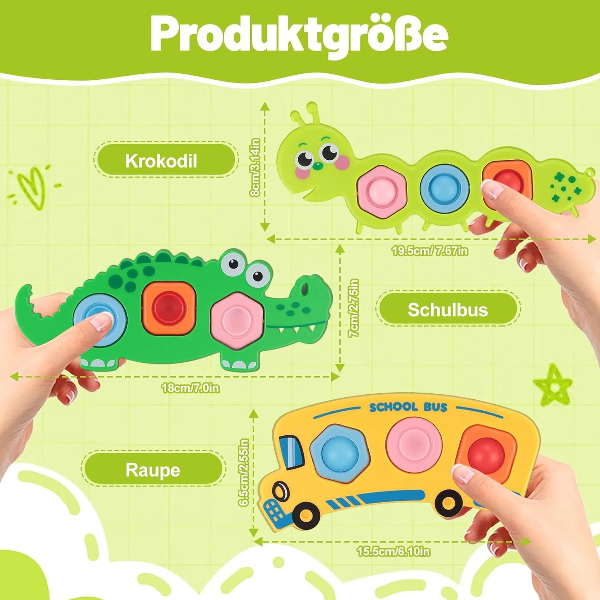 Grüne Krokodil-, Raupen- und Schulbusspielzeuge mit Pop-It-Funktion.
