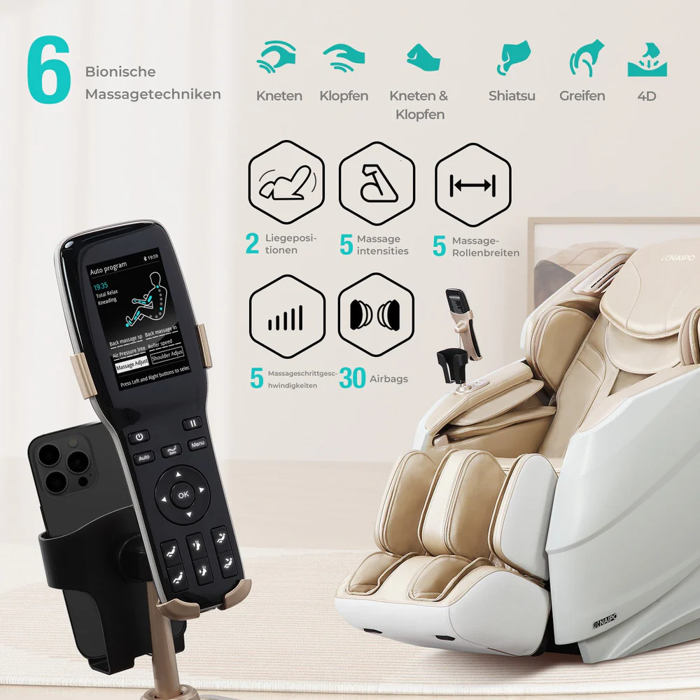 Ein heller Massagesessel mit Fernbedienung und Smartphone. Details zu Massagetechniken.