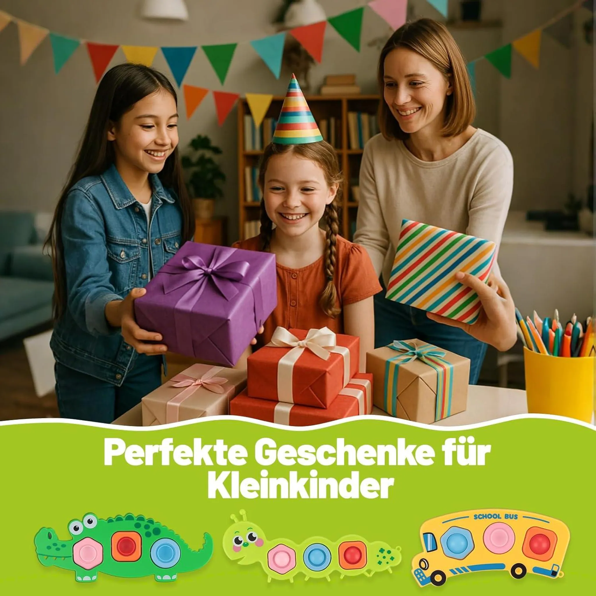 Mutter und zwei Töchter mit Geschenken auf einer Geburtstagsparty.