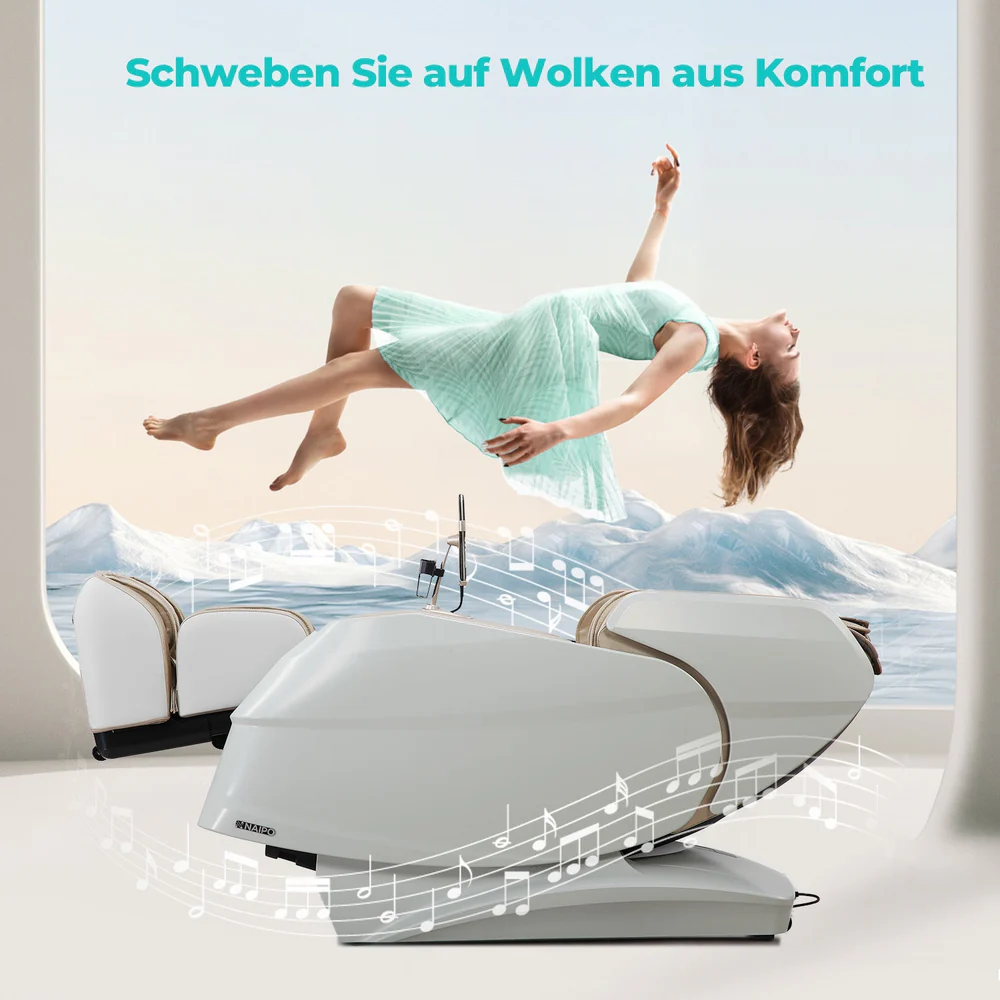 Eine Frau in einem mintgrünen Kleid schwebt über einem Massagesessel und einer Berglandschaft.