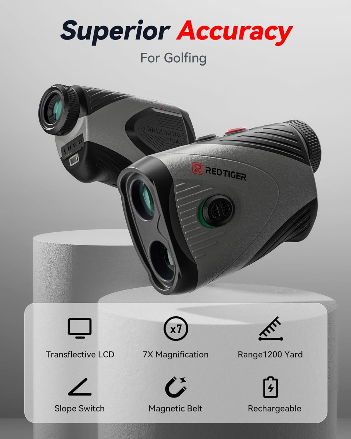 Zwei graue Golf-Entfernungsmesser mit Text Superior Accuracy for Golfing und Funktionen.
