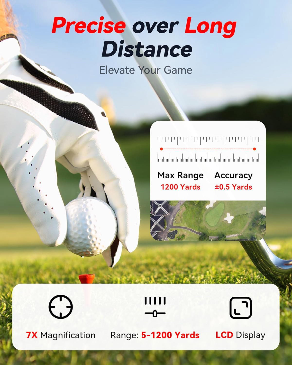 Golfschläger hält Ball über Tee. Anzeige zeigt 1200 Yards Reichweite.