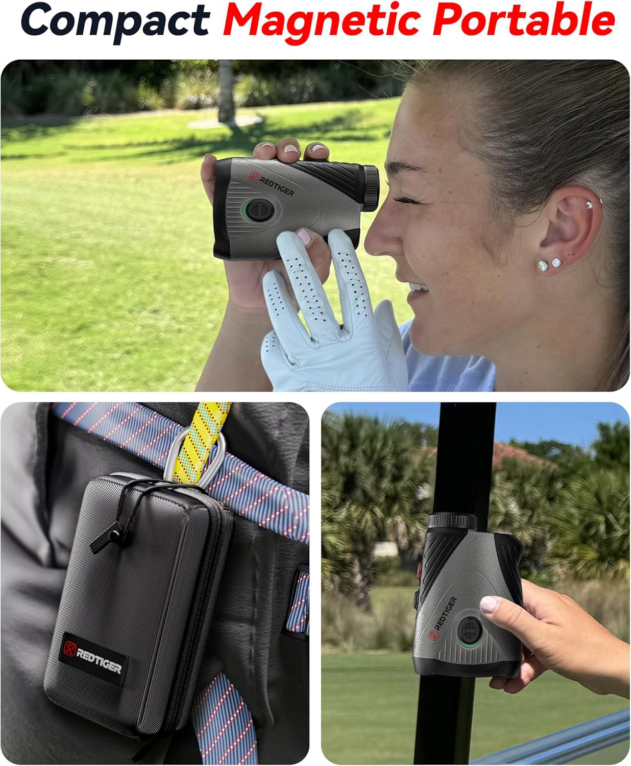 Collage: Frau benutzt Entfernungsmesser auf Golfplatz. Hülle an Träger befestigt. Entfernungsmesser im Golfcart.