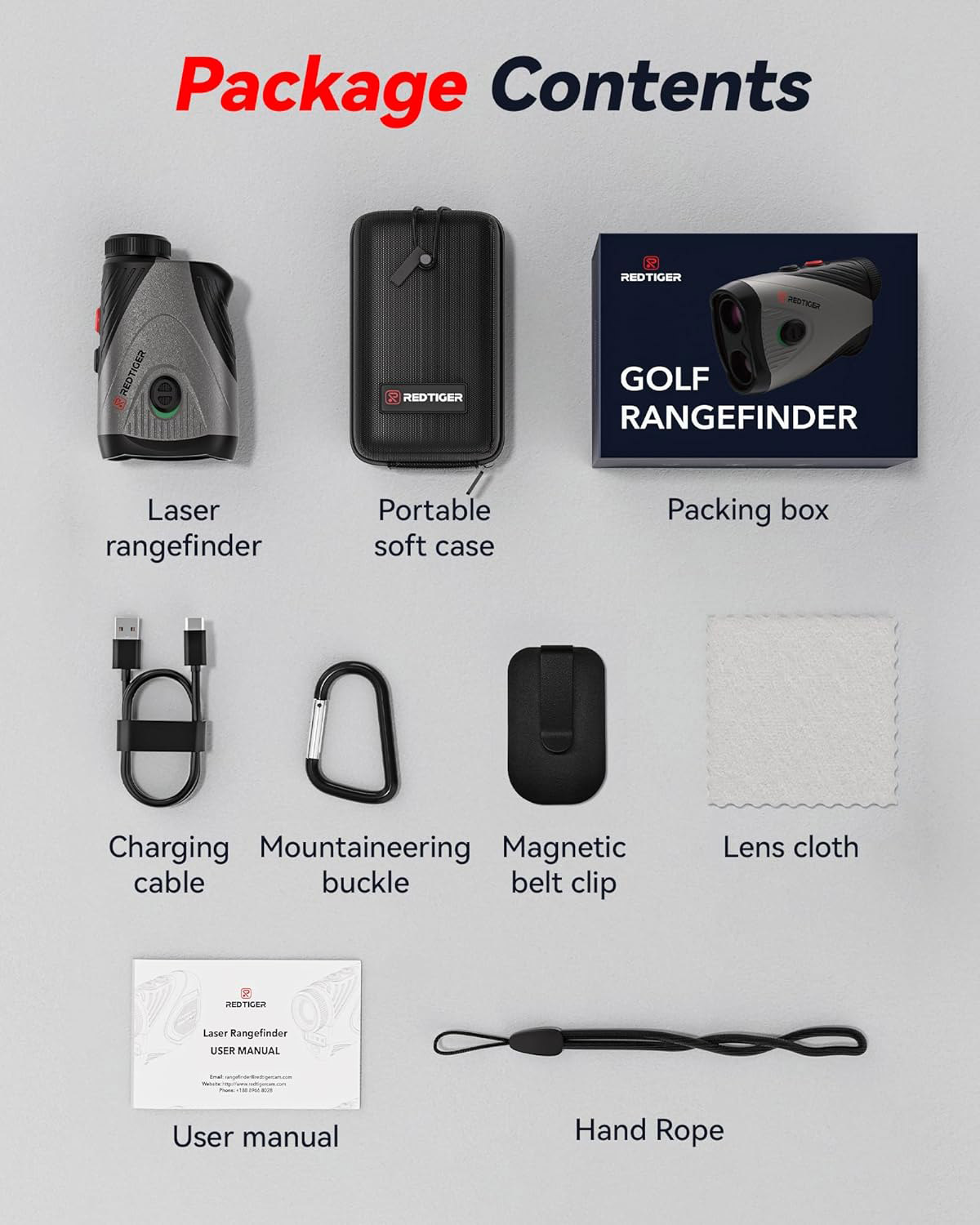 Verpackungsinhalt: Laser-Entfernungsmesser, Tasche, Ladekabel, Schnalle, Clip, Tuch, Handseil.